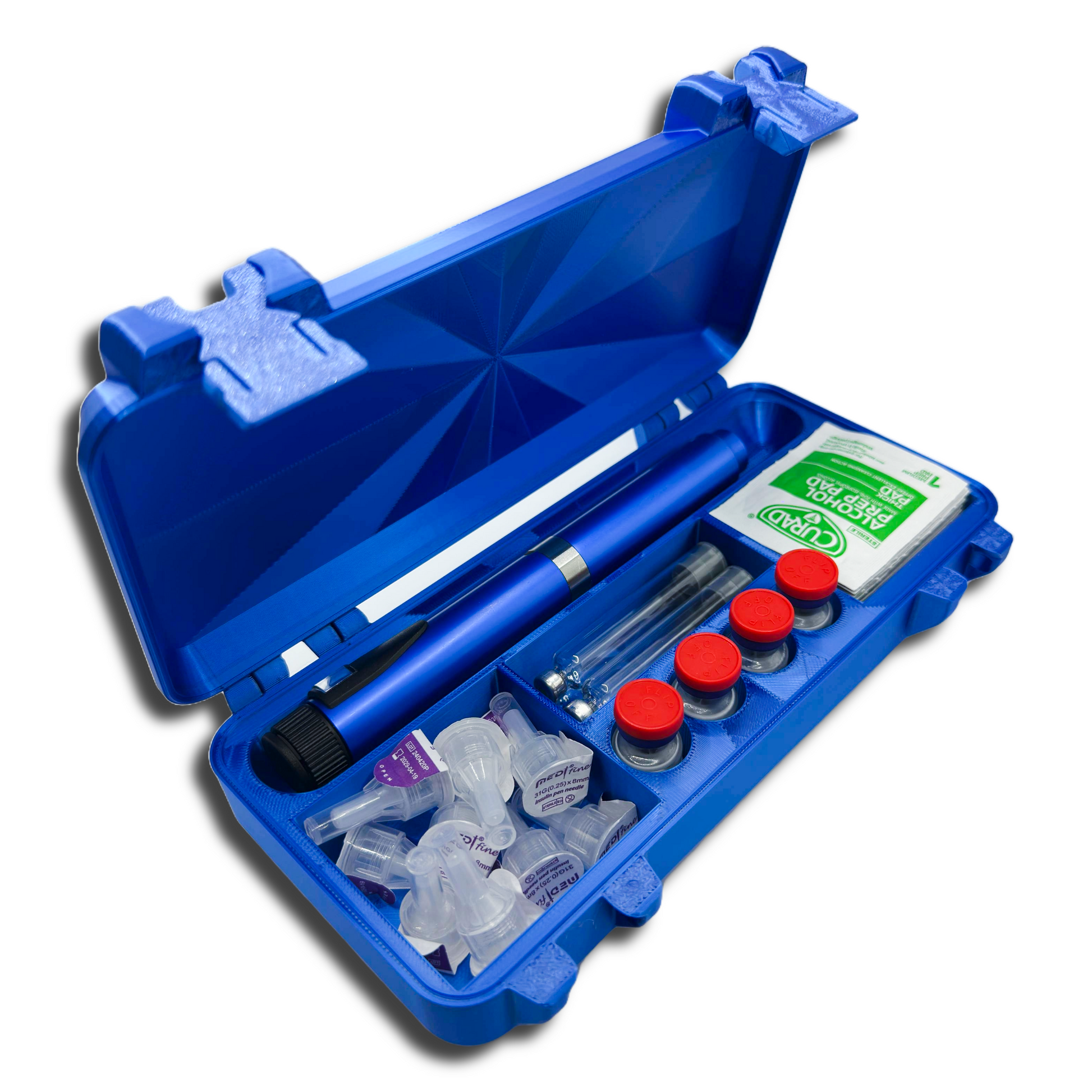 Top-down angled view of the pen case open. Shows internal compartments designed to hold one injection pen and accessories like needle tips and alcohol pads