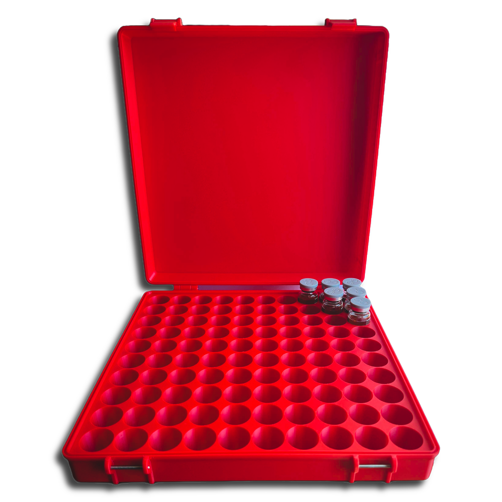 Open red storage case holding up to 100 vials sized for 10ml – organized layout with hinged lid