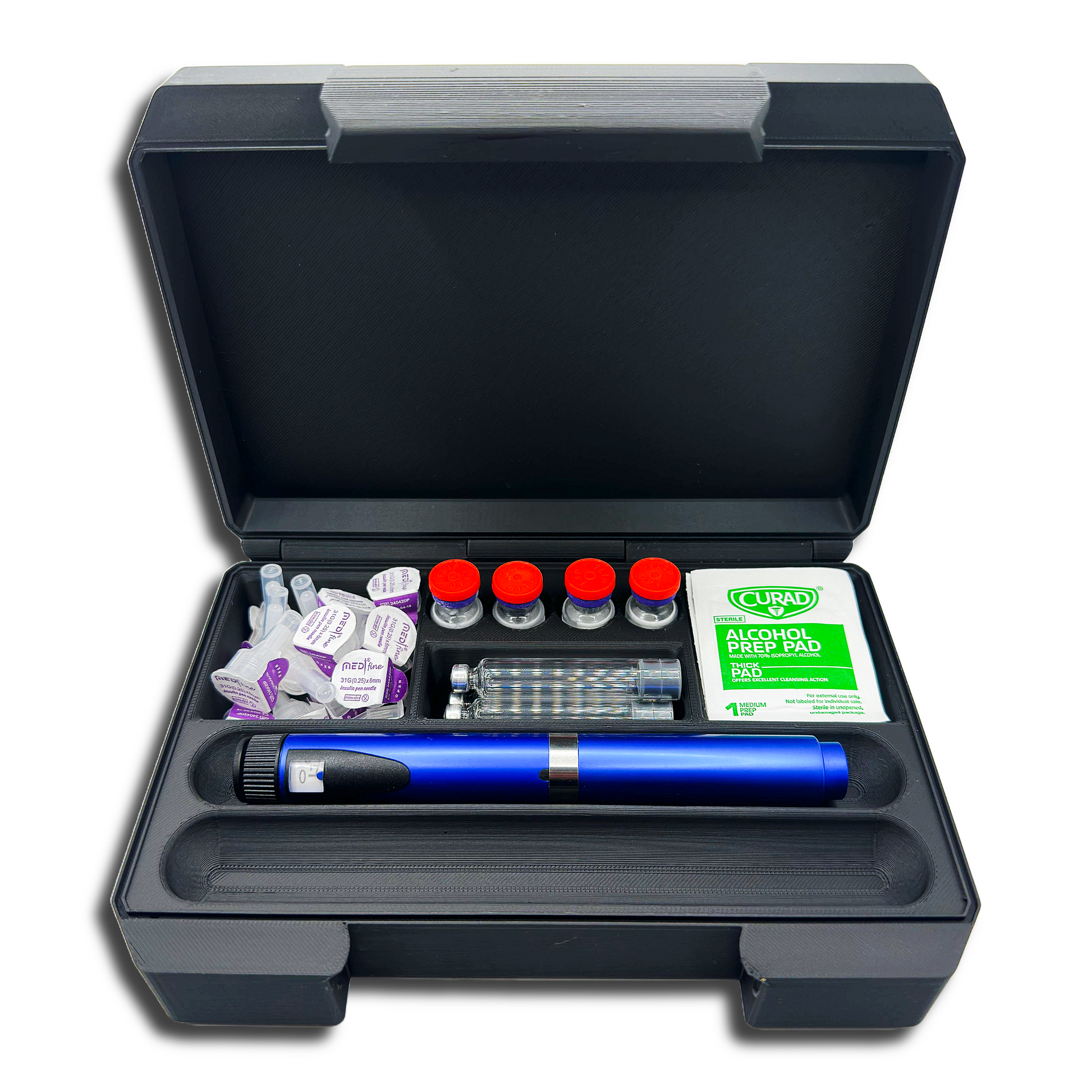 Top-down view of a black dual-pen storage case holding one blue injection pen, four 3ml vials, alcohol prep pads, pen needle packs, and cartridges. Designed for GLP-1 or insulin routine organization.