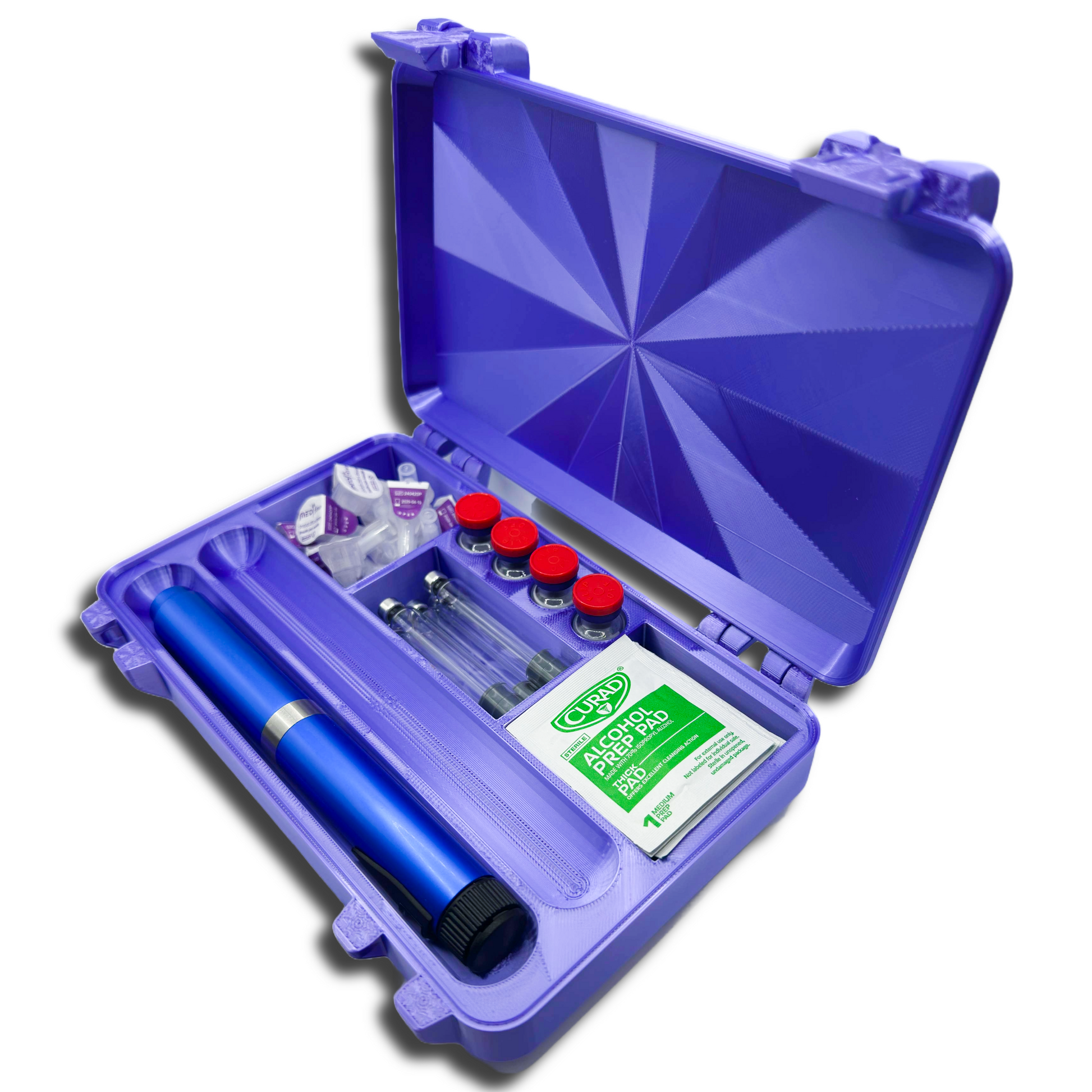 Side-angle view of the open two-pen organizer highlighting interior channels for injection pens and front accessory slots for caps, tips, or wipes. Lightweight, eco-friendly PLA construction keeps your routine tidy and portable