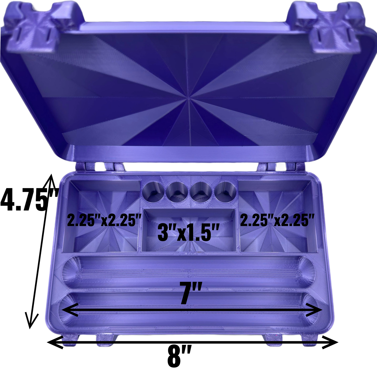 Angled top-down view of the open dual-pen storage case showing two empty pen slots and front compartments for needle tips or alcohol pads. Precision 3D-printed in durable PLA for GLP-1, insulin, or peptide pen organization at home or on the go