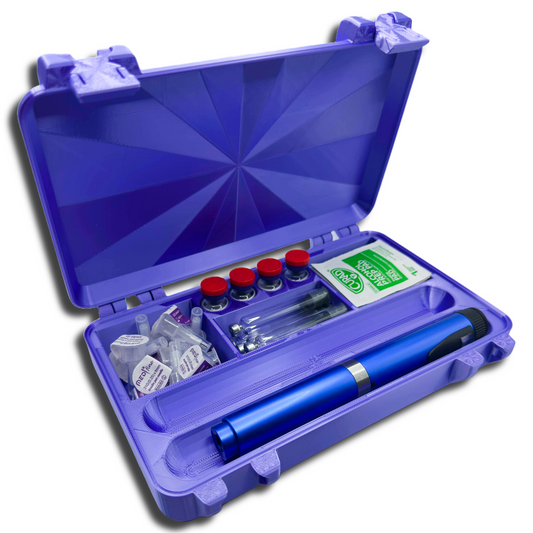 Front view of the open two-pen storage case with two injection pens seated and front accessory channels holding a needle tip and alcohol wipe. Compact PLA organizer for clean, secure daily or travel use.