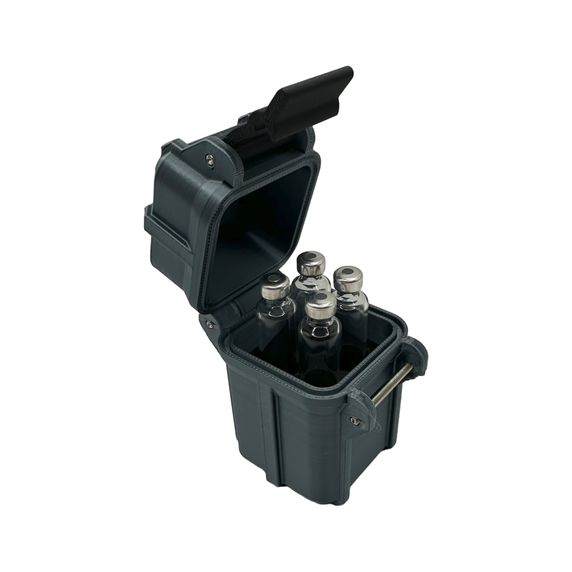 Angled view of a black 3ml vial storage case with four cartridges inserted. Durable, compact case with a secure latch for GLP-1 or peptide storage.