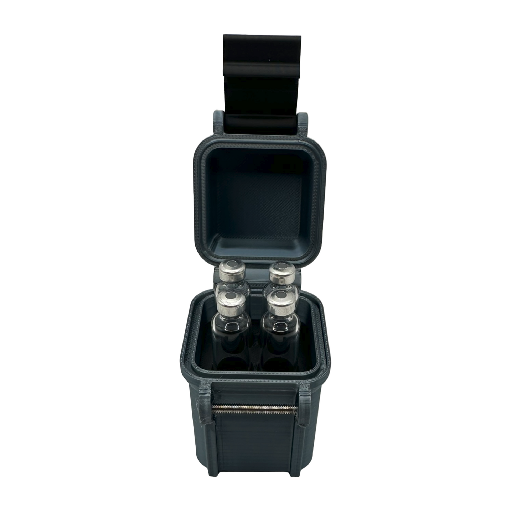 Front view of an open black 3D-printed cartridge case holding four 3ml vials upright. Precision-molded, compact design ideal for travel or drawer use.