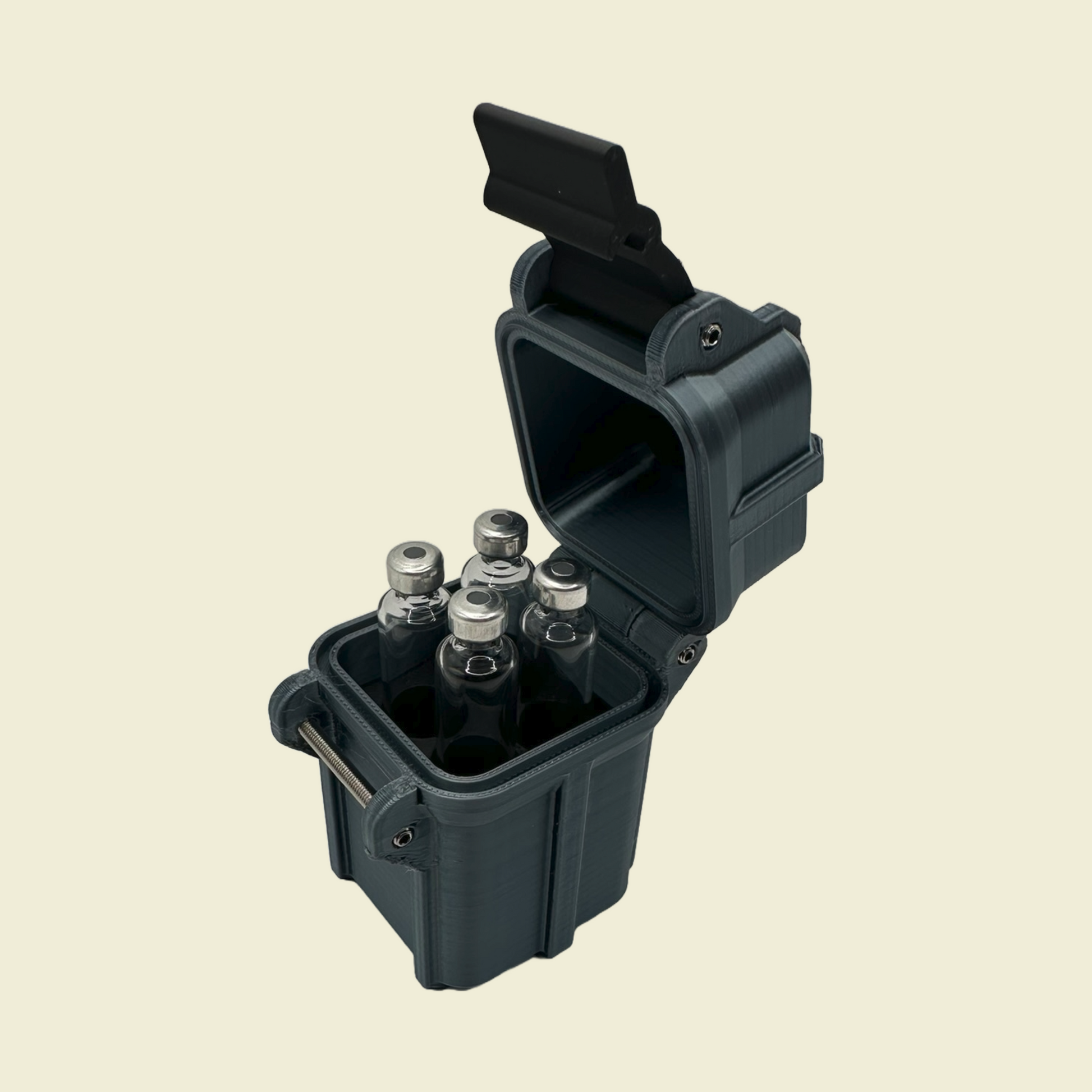 Side angle of an open black 3ml storage case with four vials shown upright. Designed for cartridge-style vials used in wellness or research routines.