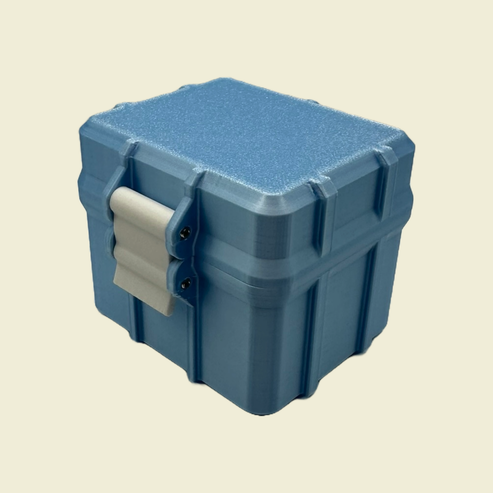 Angled view of a closed blue 20-slot 3ml vial storage case with white latch. Ideal for holding peptide or wellness cartridges in a tidy, transport-ready container.