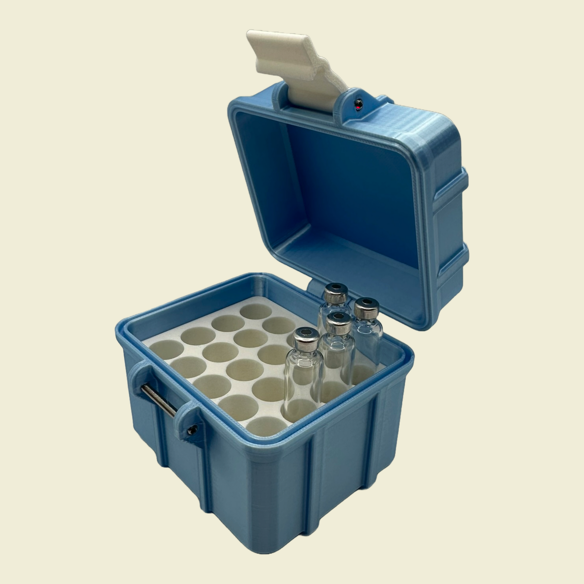 Right-side angled view of an open blue 3D-printed case containing 3ml vials. Interior insert includes 20 precision-cut slots for upright vial organization.