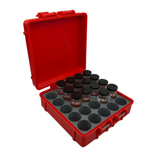 Open red 10ml vial storage case holding up to 25 standard-size vials – ideal for organizing TRT, peptide, or wellness protocols for fitness and home users.