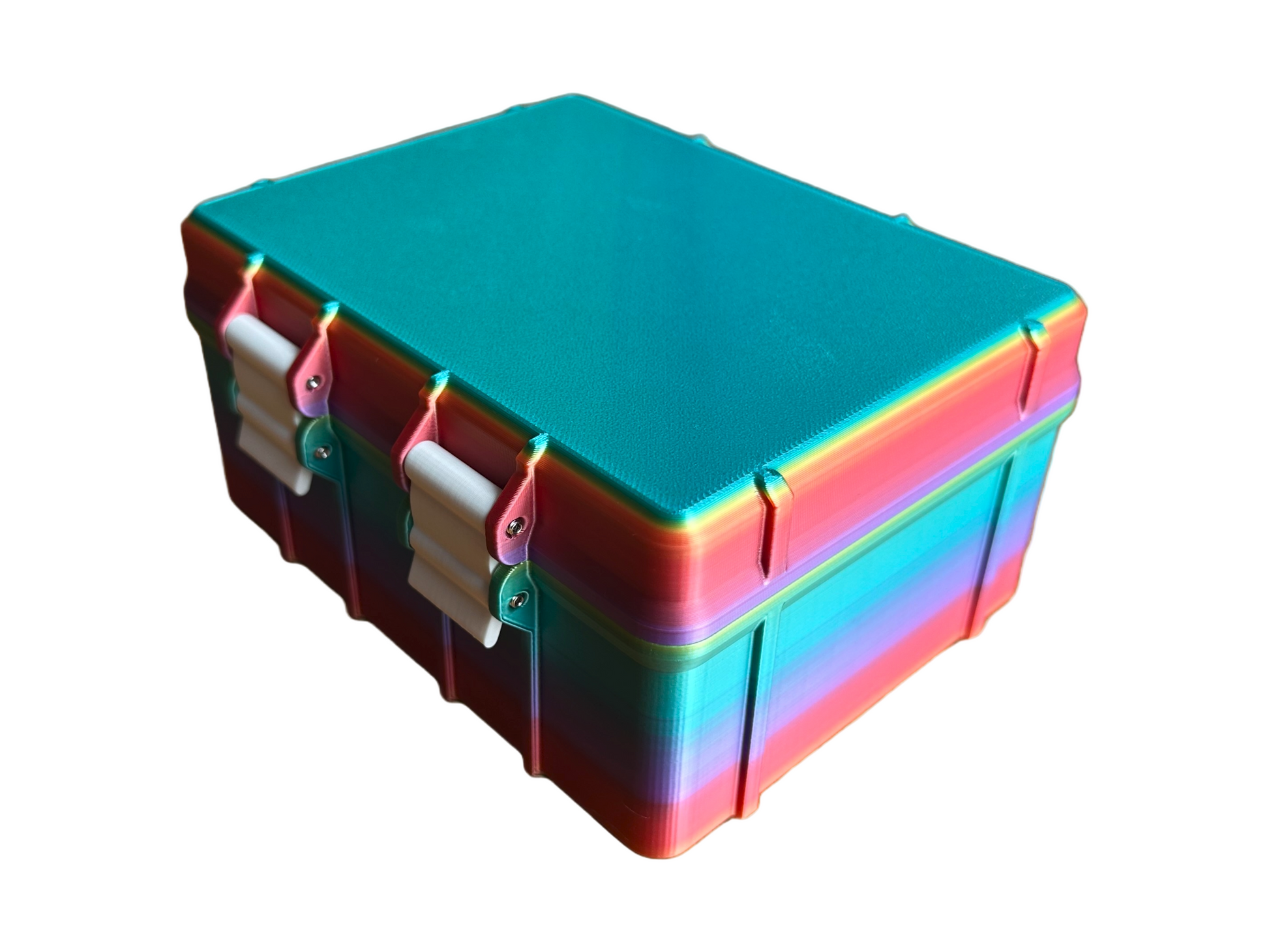 Rear angled shot of closed 12-vial Bacteriostatic Water storage box with colorful gradient finish and triple clasp system. Made from strong PLA material. Great for safe, organized vial storage in compact spaces.