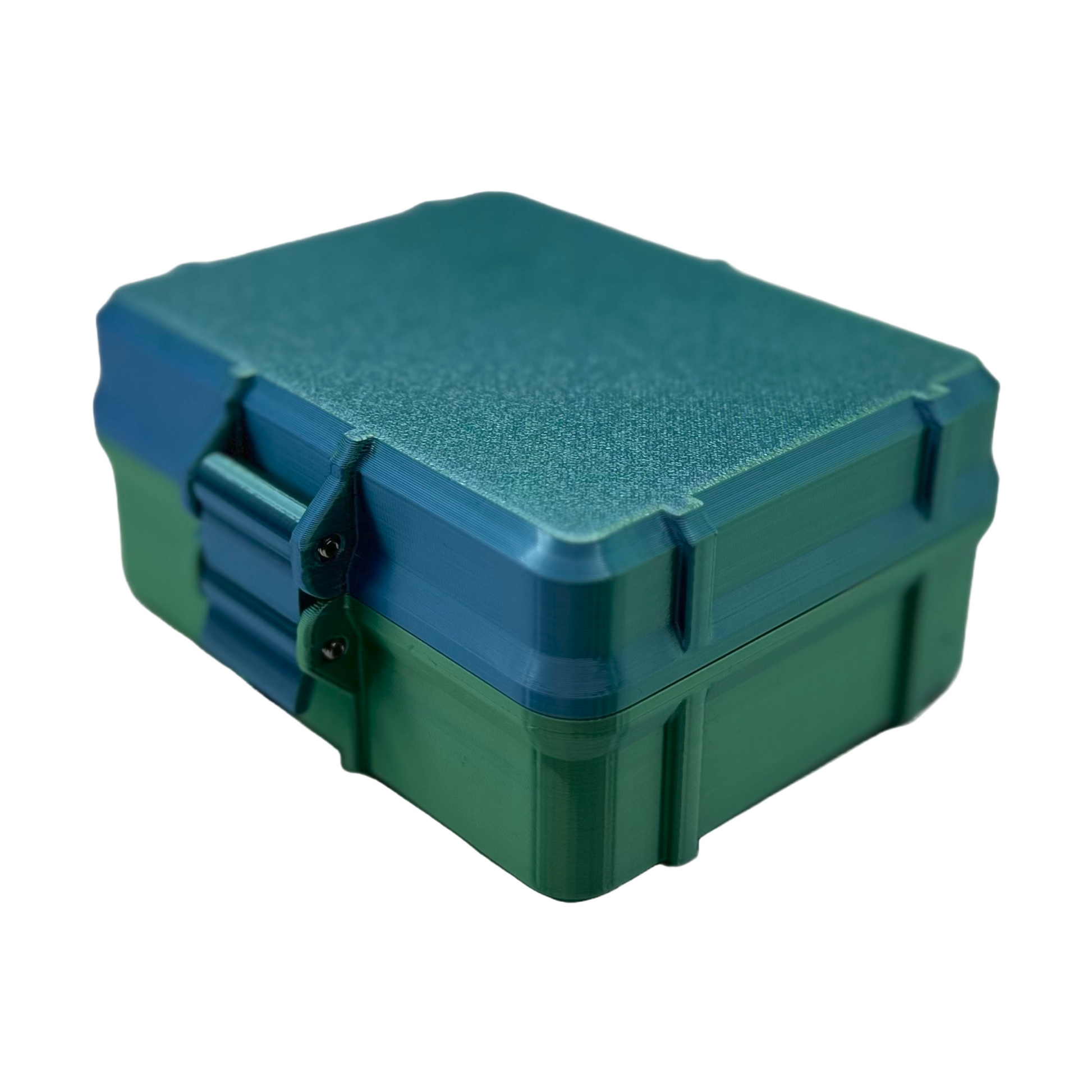 Compact green and teal 3D printed storage case with a textured lid and dual snap-lock clasps, designed for secure organization of 10ml vials.