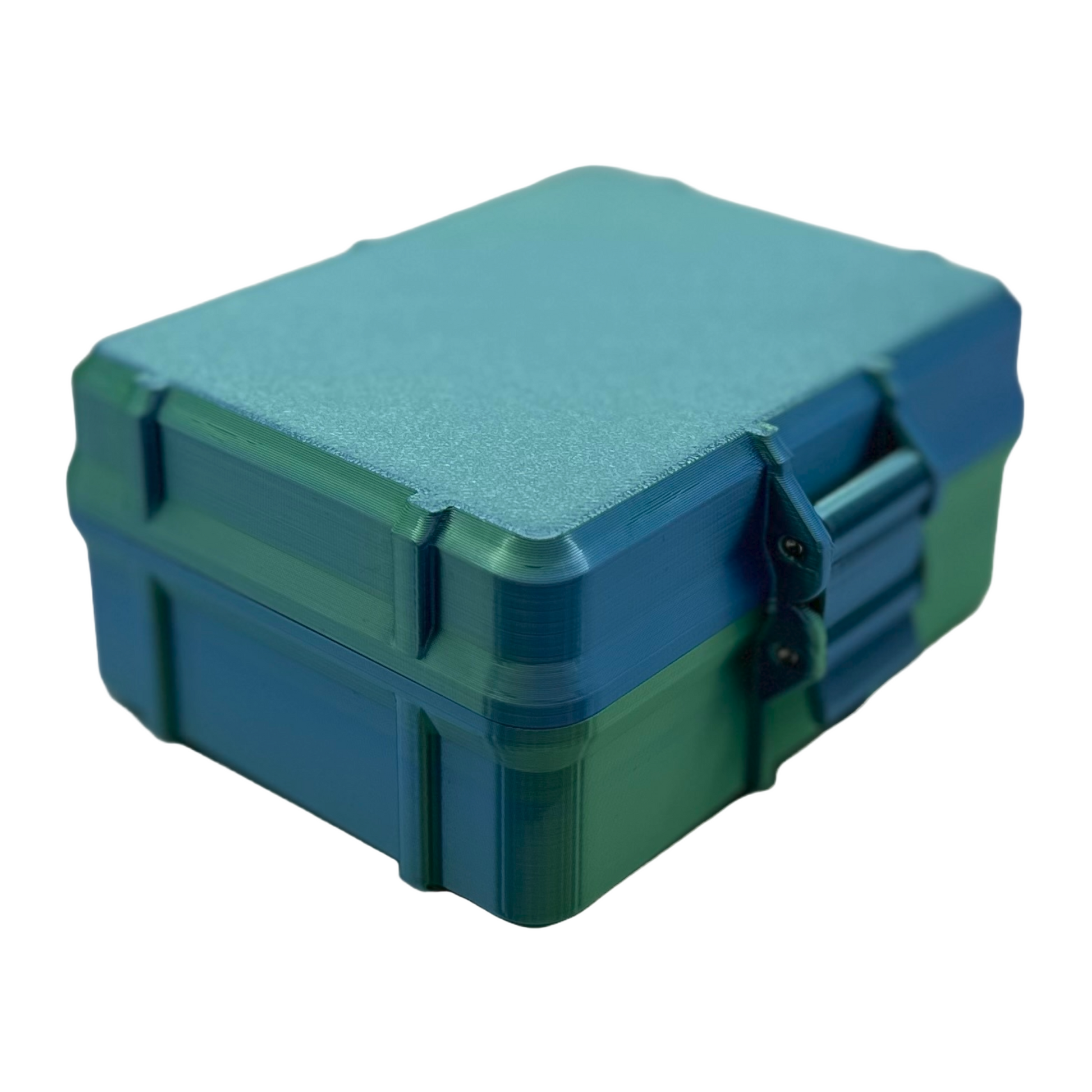 Rugged teal and green plastic case shown closed, highlighting its secure clasp system and solid design for portable vial storage.