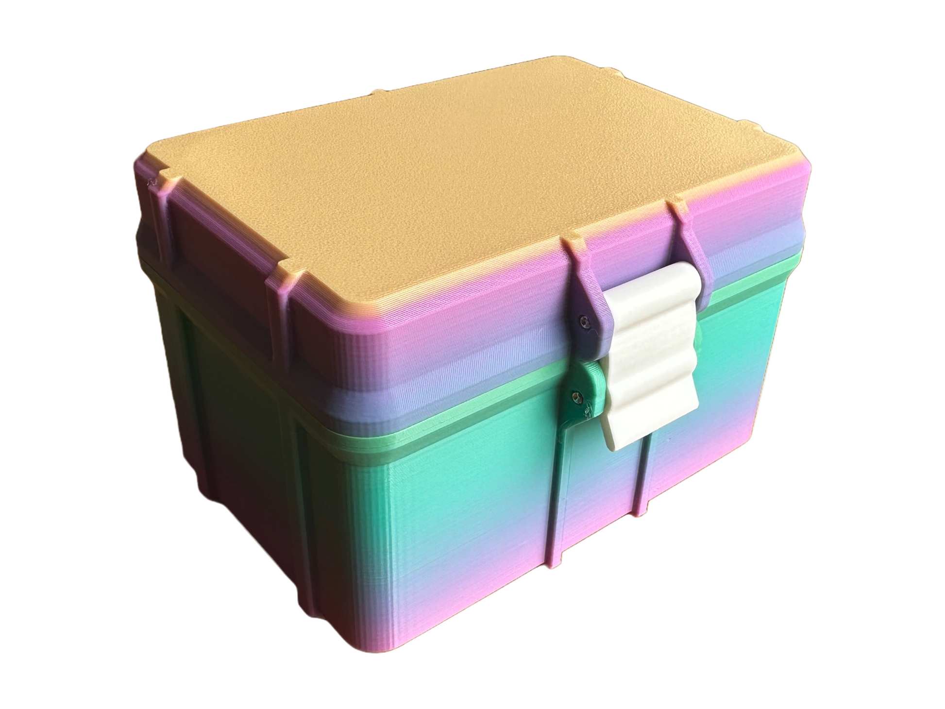 Closed 6-vial BAC Water storage container made from colorful gradient PLA plastic with a secure white clasp. Compact and durable design, perfect for organizing Hospira bacteriostatic water vials at home or on the go.