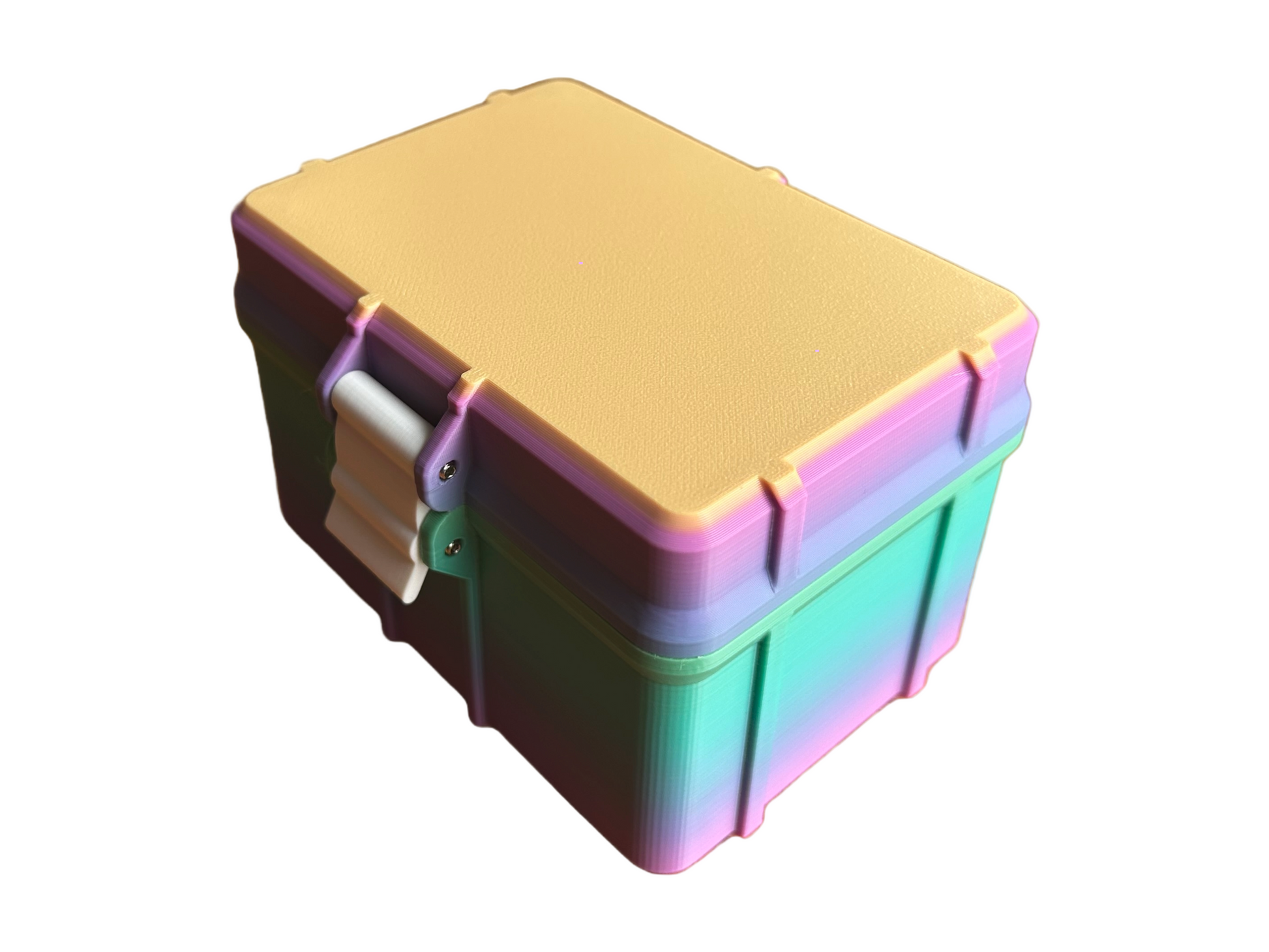 Rear angle of closed 3D printed BAC Water case holding up to 6 vials. Features a secure latch and rainbow gradient color with a matte yellow top. Sturdy and portable storage for home medical supplies.