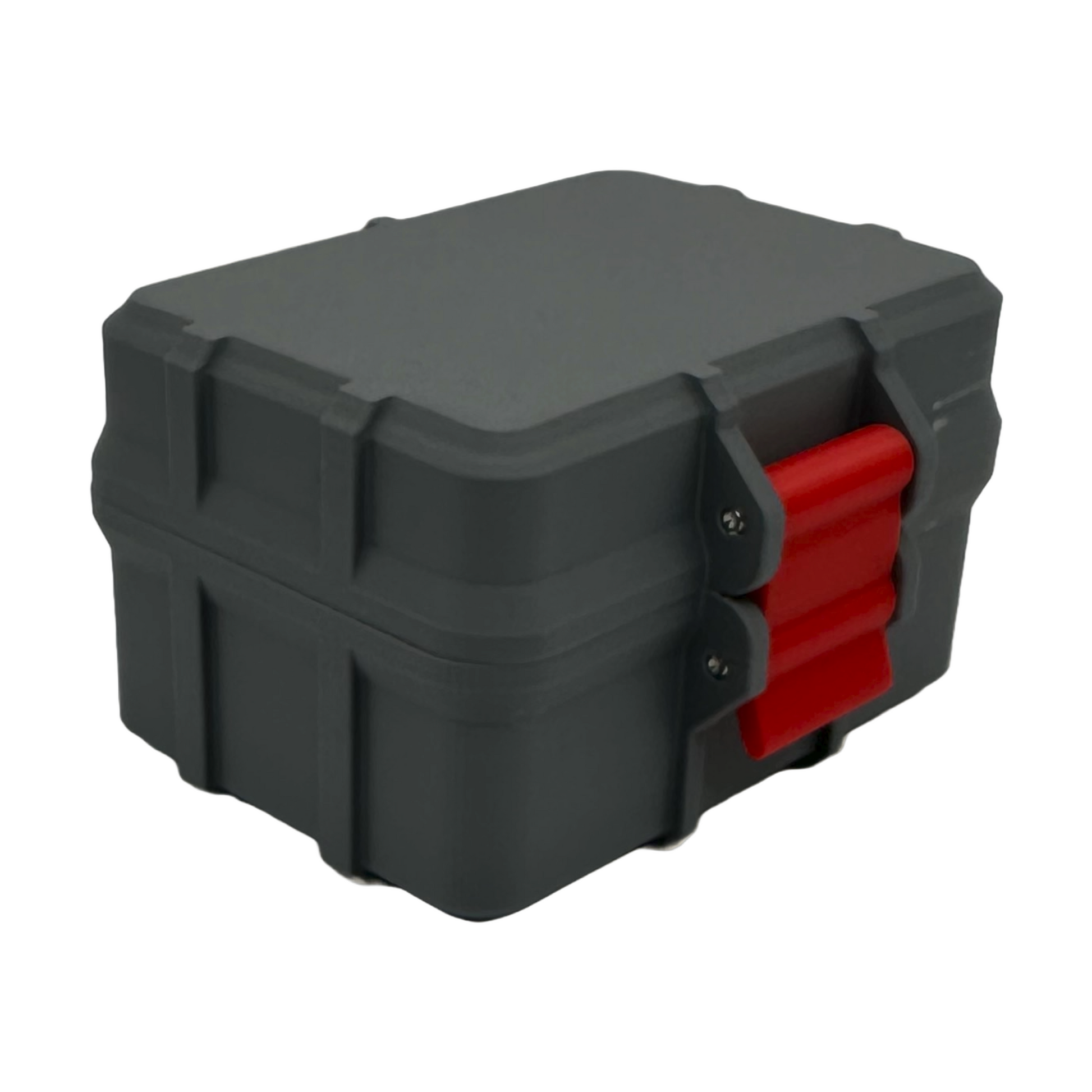 Closed nardo gray 3D printed storage container with durable red locking clasp, designed to discreetly hold six 10ml vials securely.
