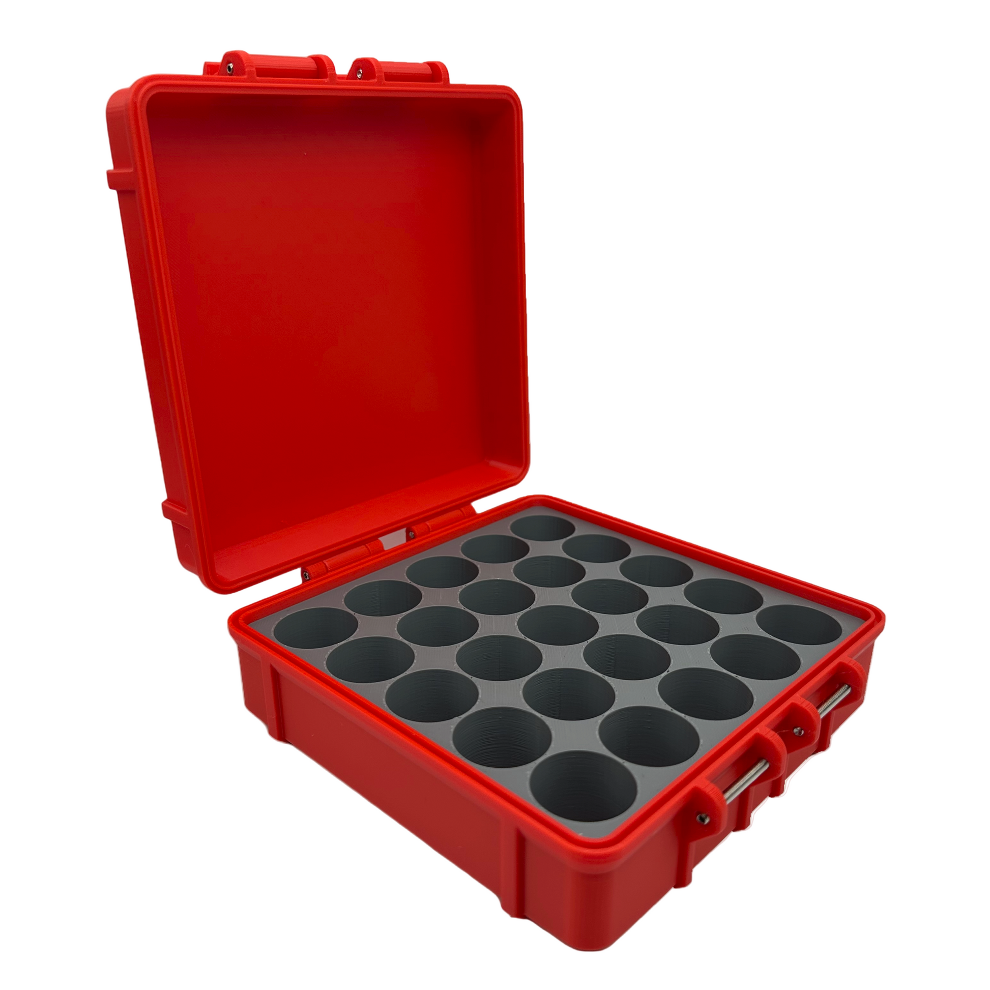 Large red 3D printed case with gray insert, featuring 25 custom-fit compartments ideal for storing 10ml vials in an upright, organized layout.
