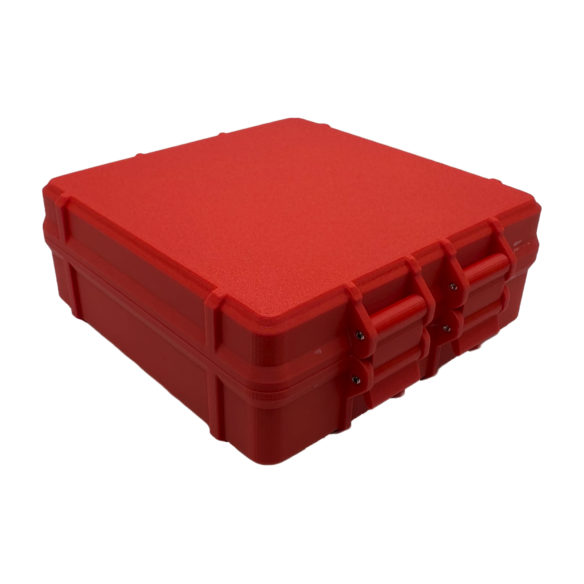 Closed view of a rugged, textured red storage box with reinforced latches, designed to hold up to 25 10ml vials securely.
