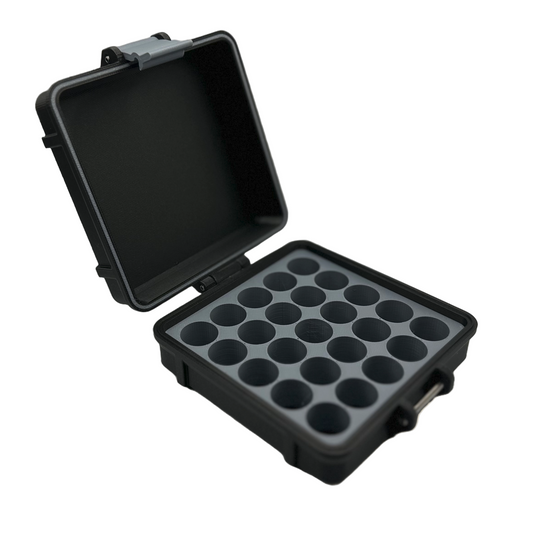 Open black medical storage case with custom 25-slot gray interior insert, ideal for securely holding 3ml vials or similar-sized containers.