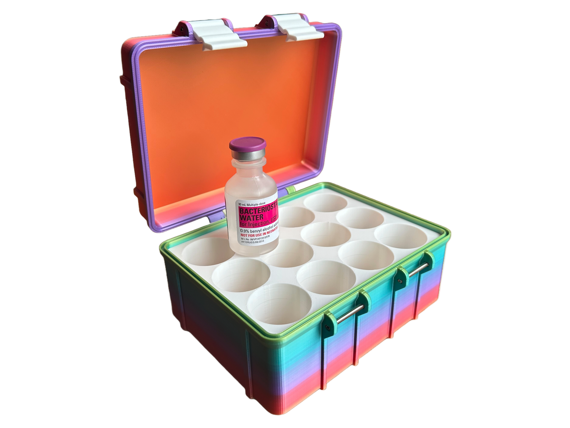 Angled view of the 12-vial BAC Water case open with a single vial in the front row. Rainbow PLA build with white vial inserts and orange lid. Designed to keep vials upright and secure in a fridge, drawer, or travel bag.