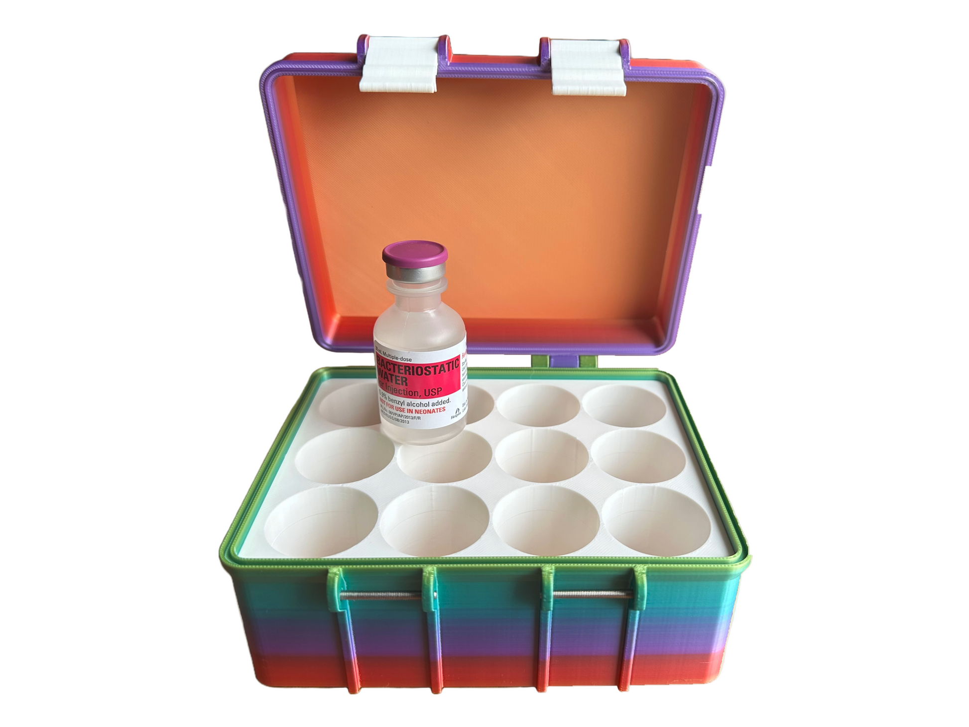 Open 3D printed BAC Water vial case displaying 12 circular compartments and one Hospira Bacteriostatic Water vial. Bright multicolor design with orange lid interior. Precision-fit for vials, ideal for refrigerator or cabinet storage.