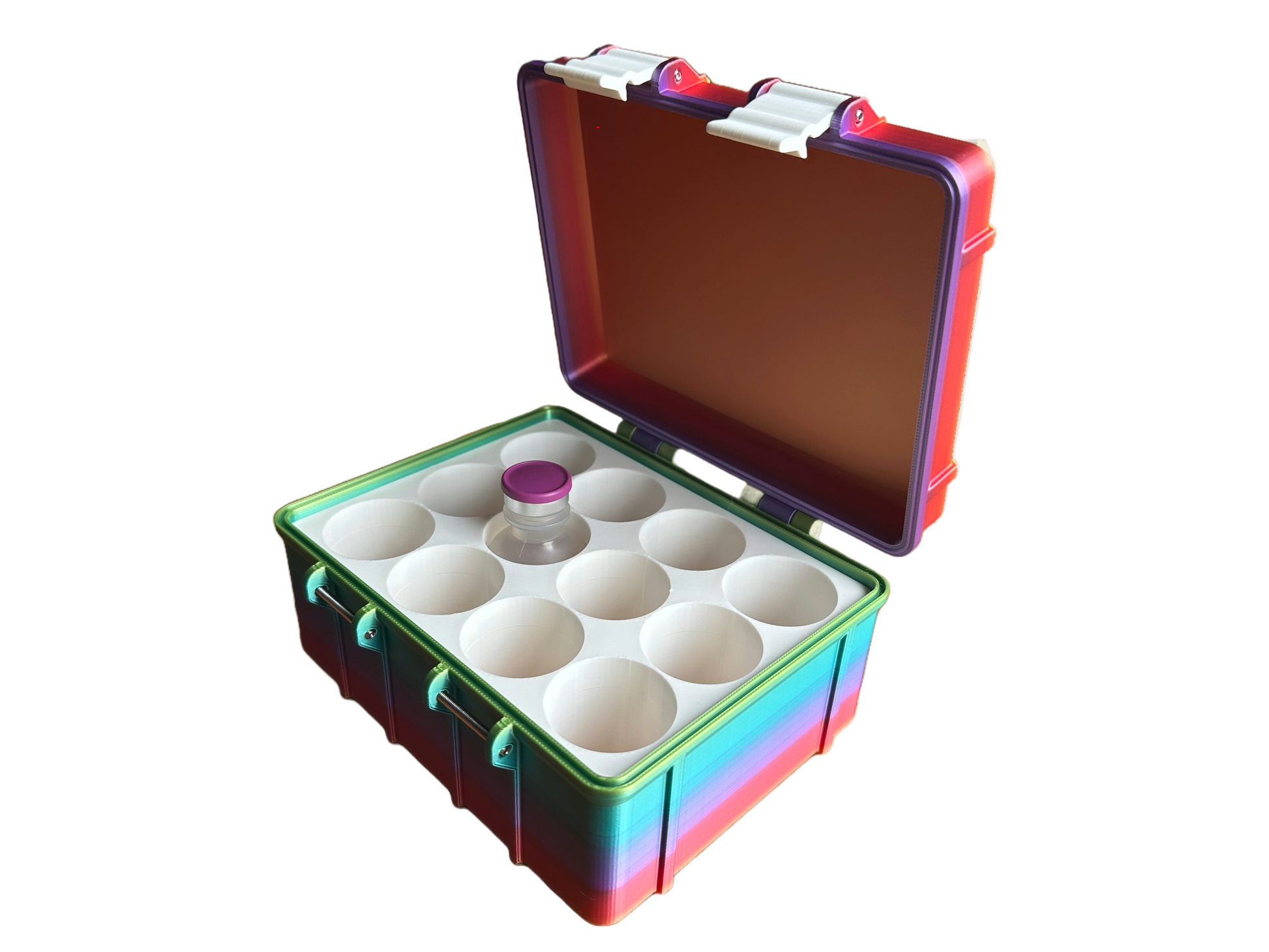 Top-down view of BAC Water storage case open with one centered vial in the 12-slot insert. Interior fits standard Hospira vial size (72mm x 34mm). Sturdy, colorful build perfect for medical or wellness storage at home.