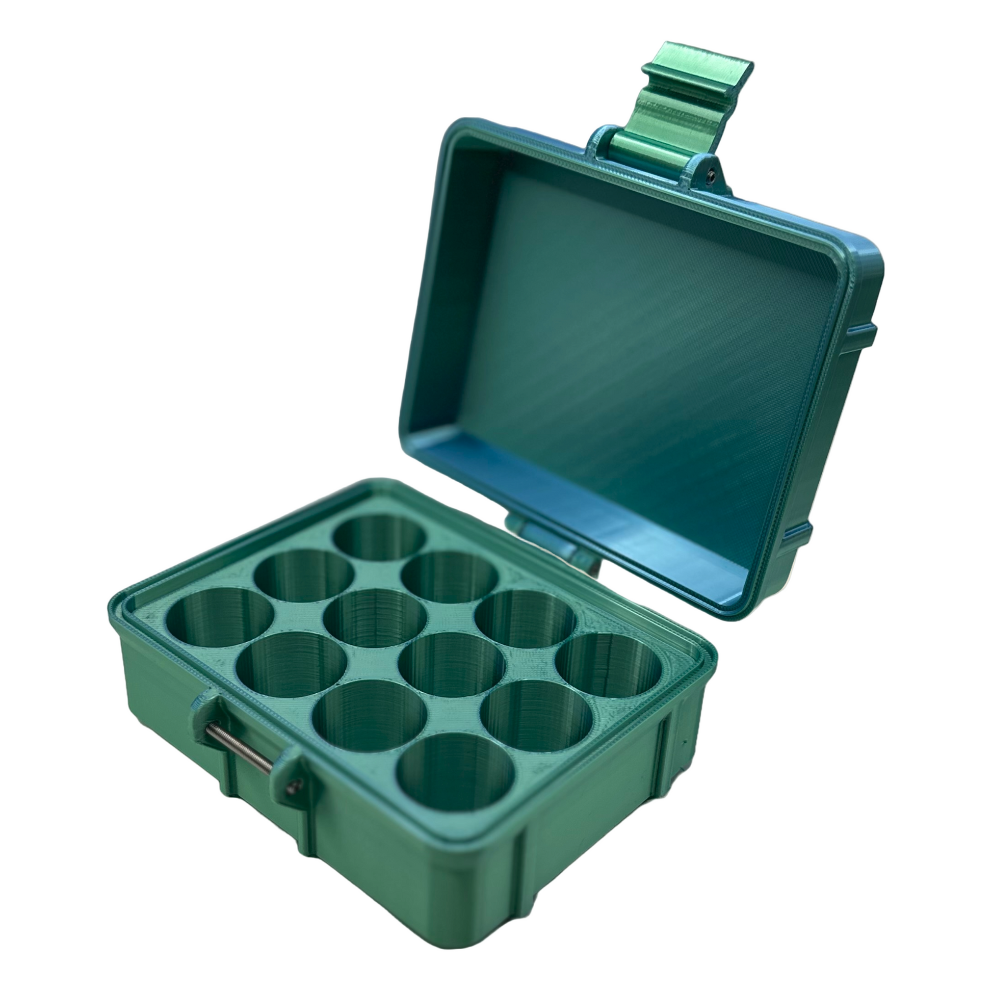 Durable 3D printed container with 12 circular wells shown open, ideal for storing research vials, TRT supplies, or lab samples in a clean, organized layout.