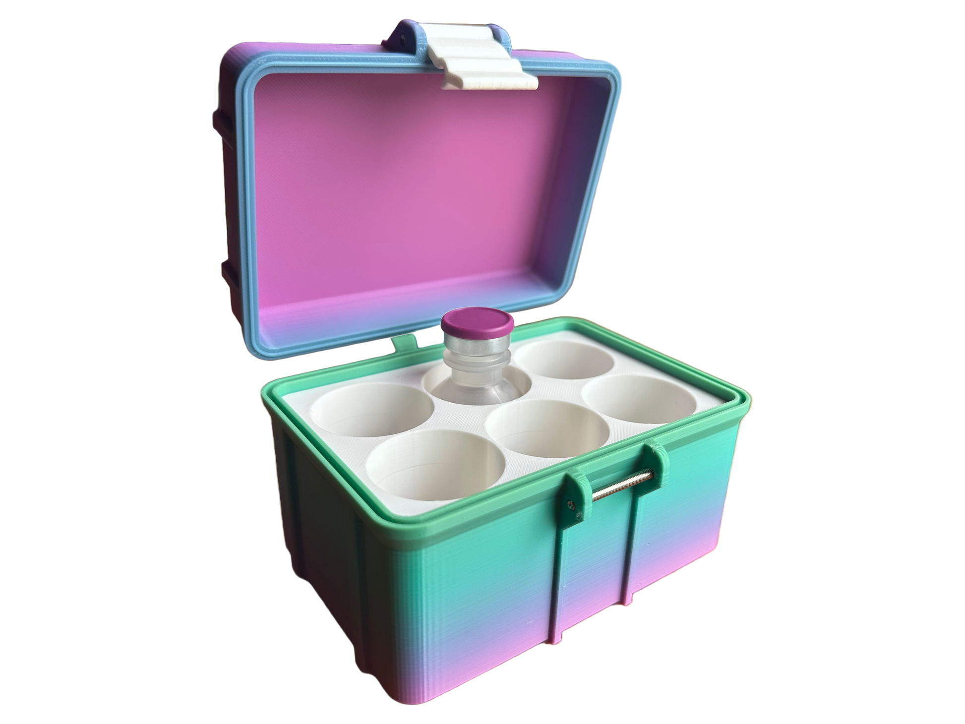 Angled view of the open 6-vial BAC Water organizer featuring a single vial inside one slot. Compact layout with rainbow-colored 3D printed walls and a pastel pink interior lid. Built for 72mm x 34mm vials.