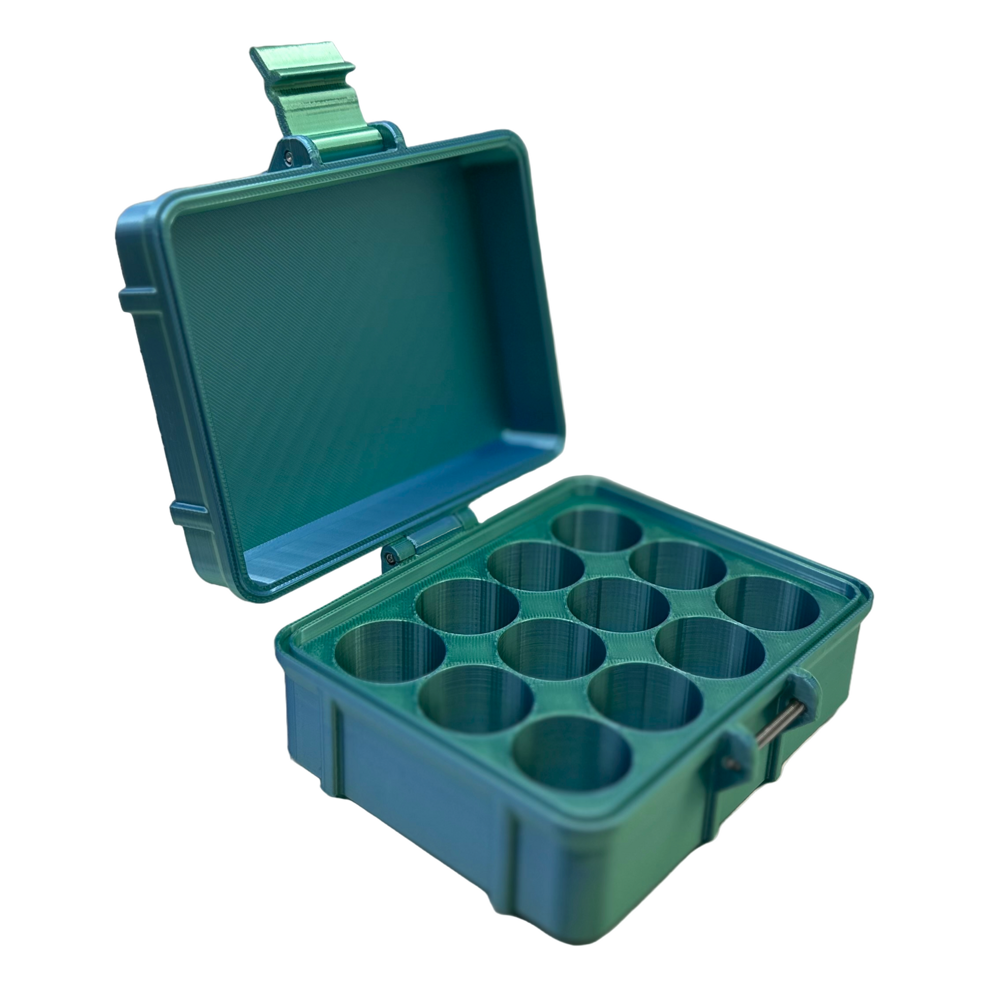 Open green storage case featuring 12 upright compartments specifically designed to hold standard 10ml vials securely in place.