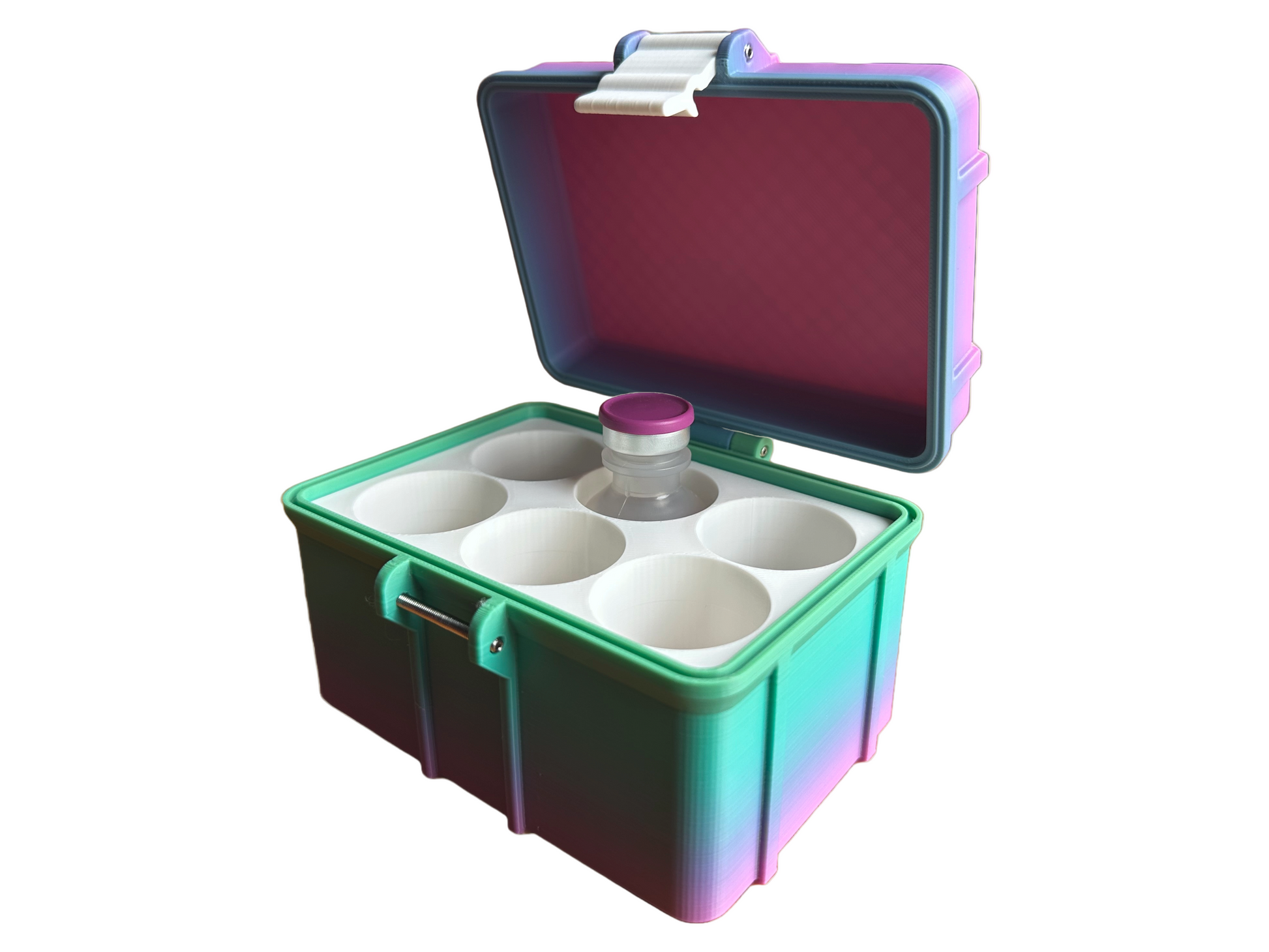 Open 6-vial BAC Water case with one Hospira vial displayed in the center compartment. Pink interior lid with durable, colorful exterior. Great for safe, upright vial storage in fridges, drawers, or while traveling.