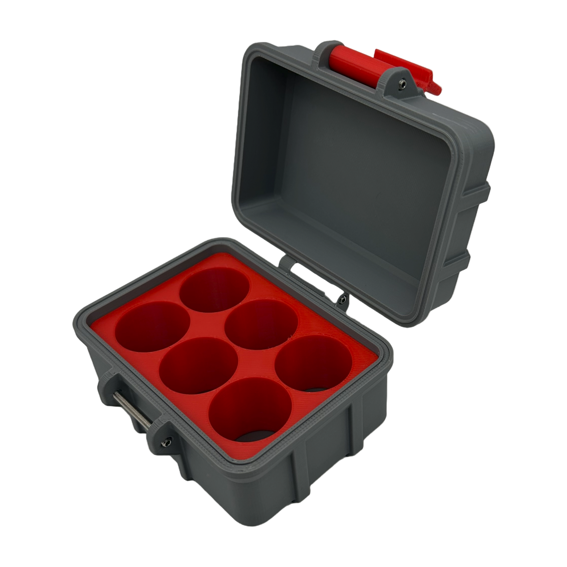 Open 3D printed 6-slot storage case for 10ml vials, featuring a red insert with snug compartments, ideal for TRT or research use.