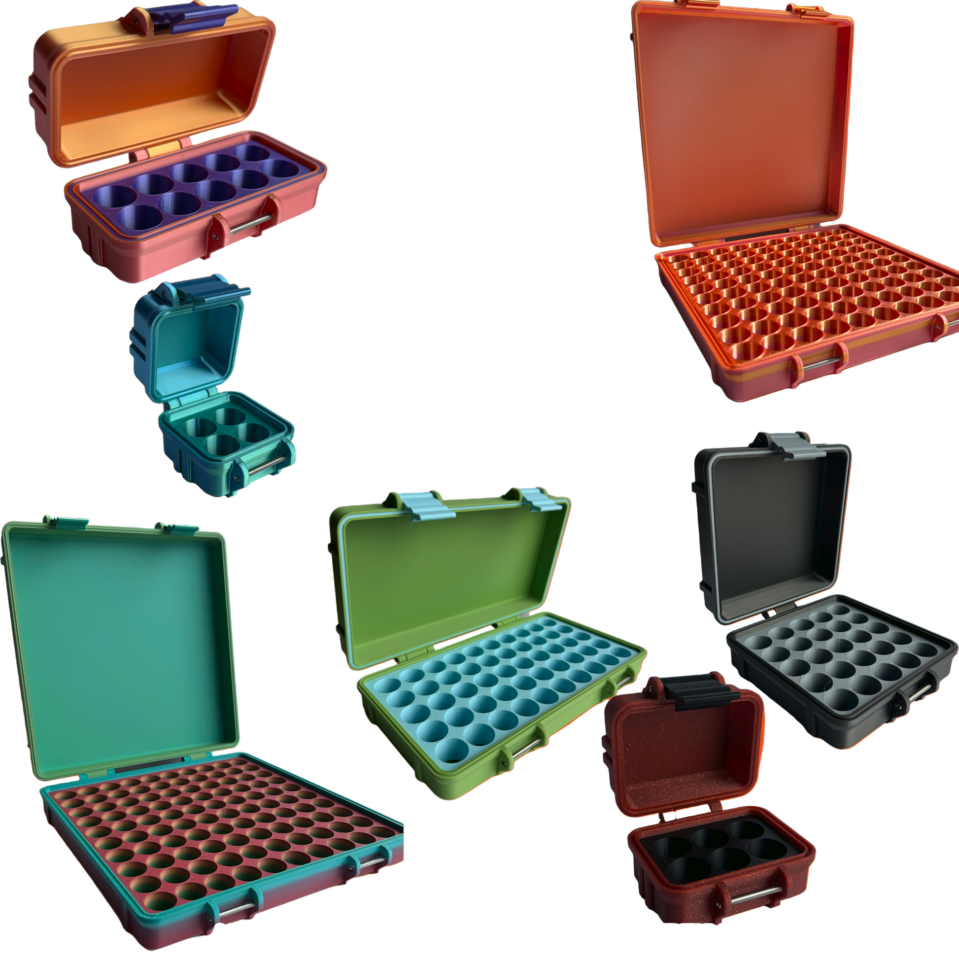 A variety of colorful peptide storage cases shown on an orange background, each designed to hold multiple 3ml vials. The image features hard-shell organizers in various sizes and colors with secure clasps and precision-cut compartments. Text reads “Peptide Storage Solutions – Secure and Efficient Storage for Peptides.” Ideal for home use, research, or travel-friendly peptide organization