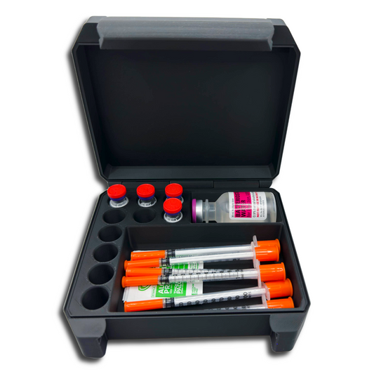 Black medical kit with syringes, vials, and other supplies on a white background