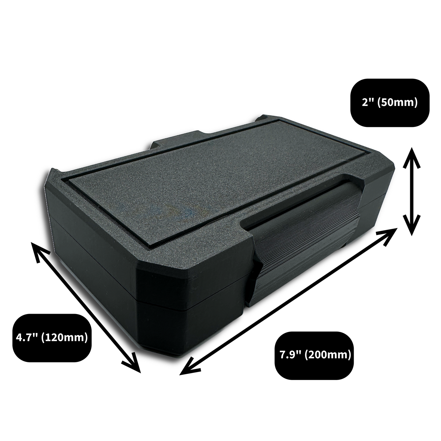 Closed black storage case with labeled dimensions: 7.9 inches (200mm) wide, 4.7 inches (120mm) long, and 2 inches (50mm) tall. The case features a textured lid and secure snap-latch, designed for storing a pen, vials, and injection accessories in a compact, travel-ready form.