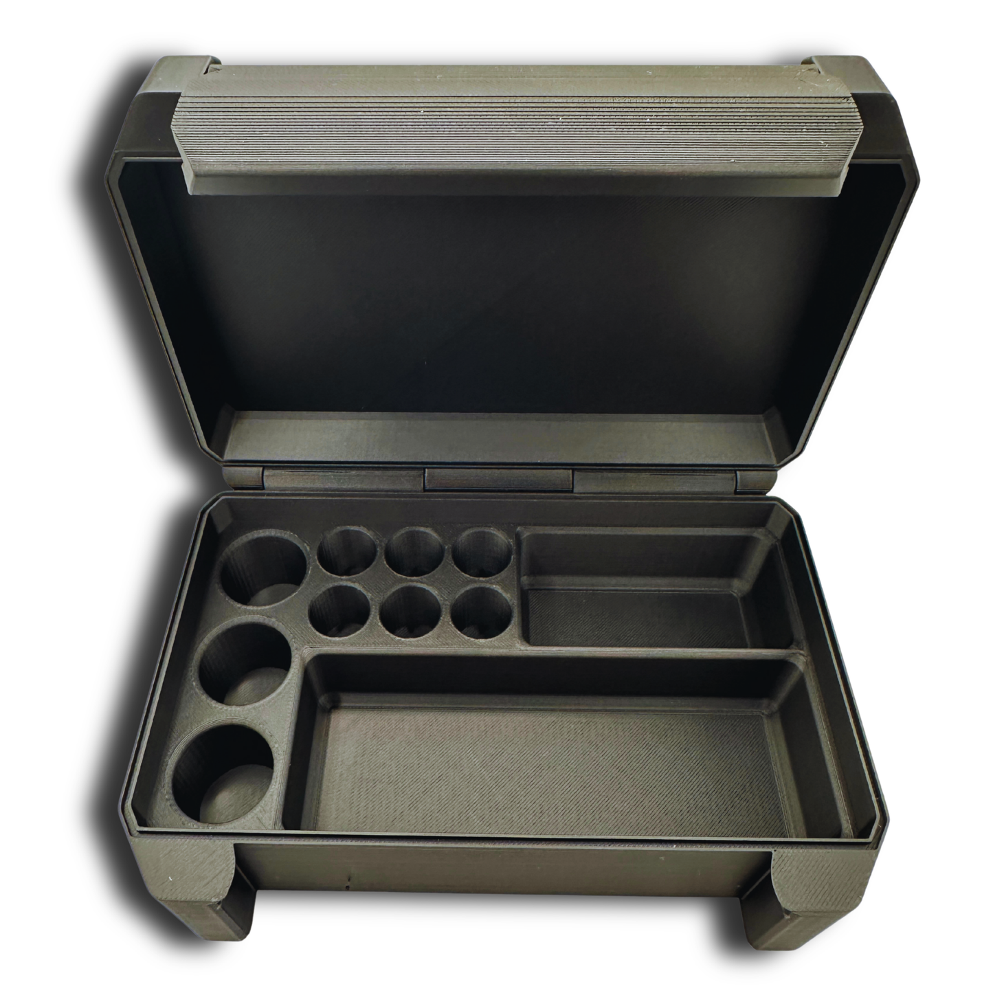 Empty storage case interior showing 3 large vial slots, 6 small vial slots, Hospira BAC water slot, and syringe compartment