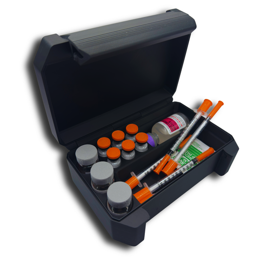 All-in-one vial and syringe storage case open with 10ml and 3ml vials, Hospira water vial, and insulin syringes