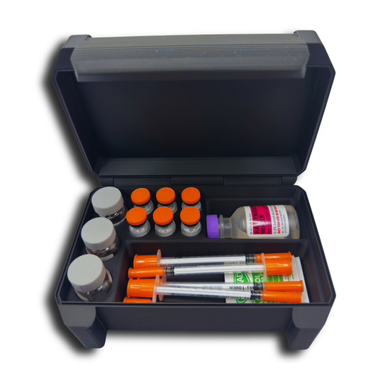 Top view of vial and syringe organizer case holding 3 × 10ml vials, 6 × 3ml vials, Hospira bacteriostatic water vial, and syringes