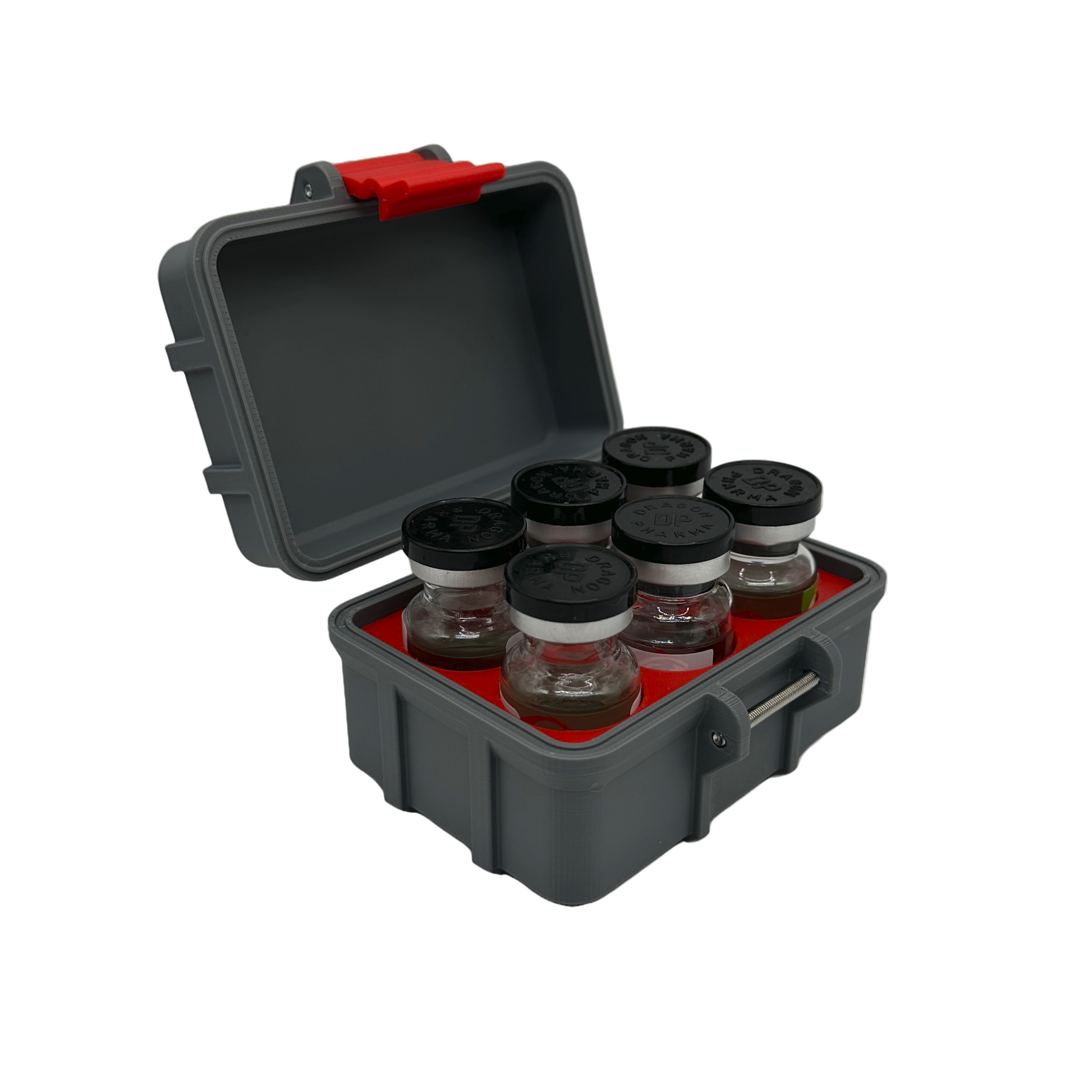 Open 6-slot 10ml vial storage case in dark gray with red insert, securely holding six vials upright – compact and rugged TRT supply organizer