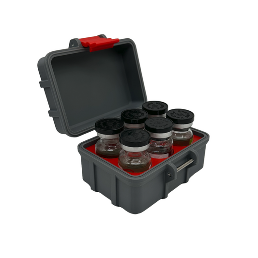 Open 6-slot 10ml vial storage case in dark gray with red insert, securely holding six vials upright – compact and rugged TRT supply organizer