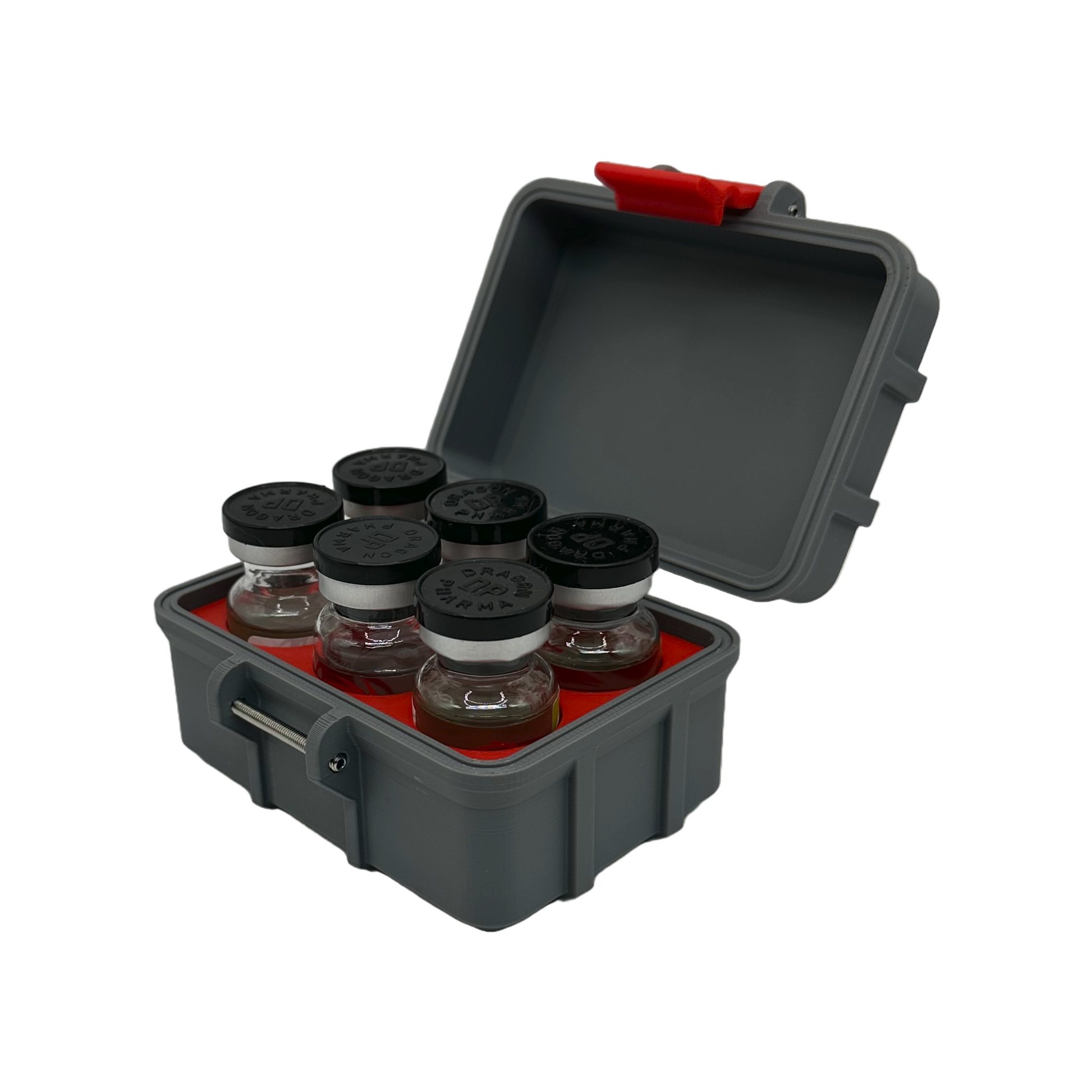 Durable 3D printed 10ml vial case with six vials seated in red insert – ideal for testosterone, HRT, or research storage on the go