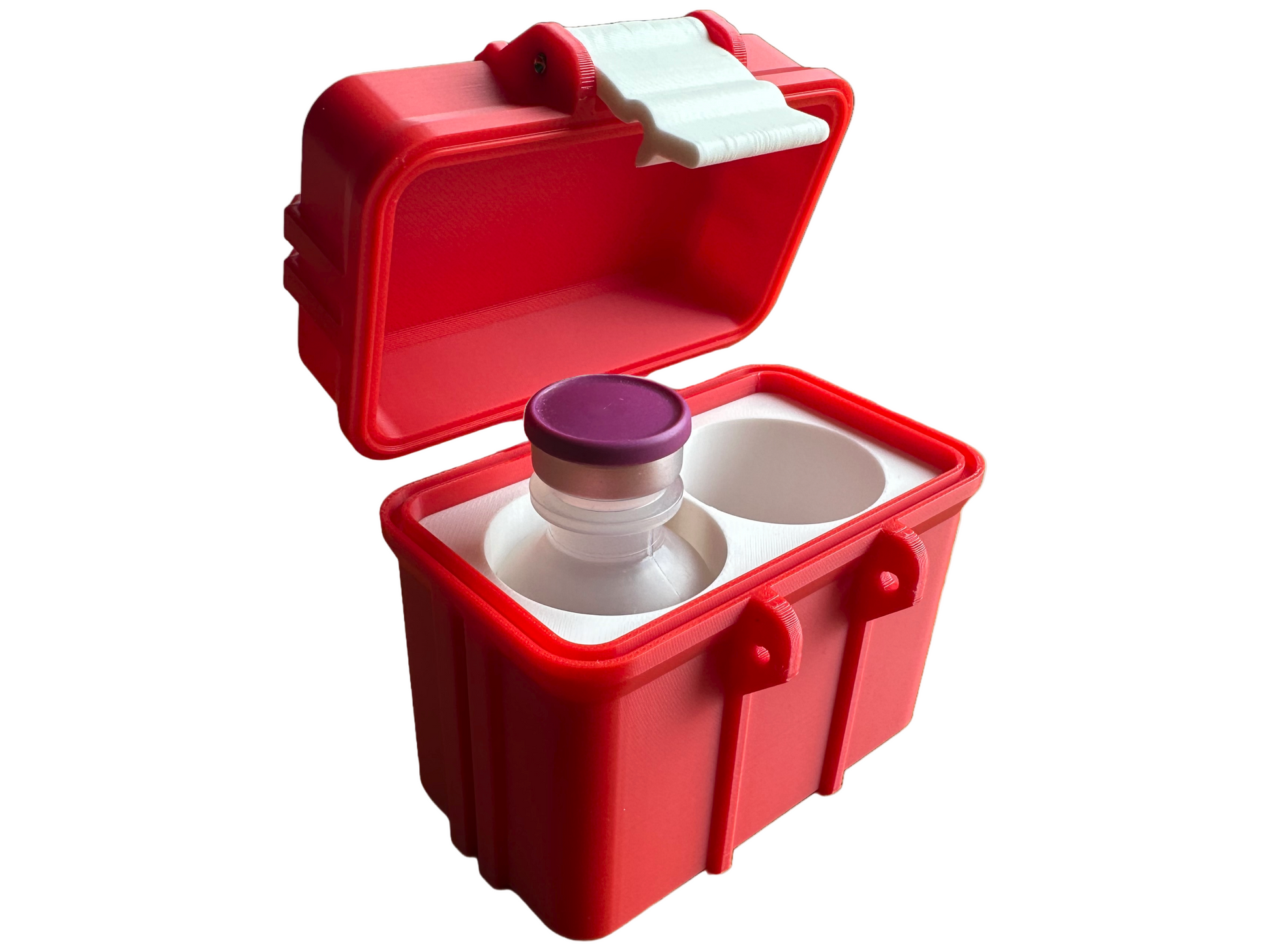 Angled shot of the open 2-vial storage case for BAC water, showing one 30ml Hospira vial seated securely inside a snug-fit compartment. The second slot remains open to illustrate dual-capacity storage. Rugged red PLA construction with a white clasp makes it ideal for travel or medical drawer use.