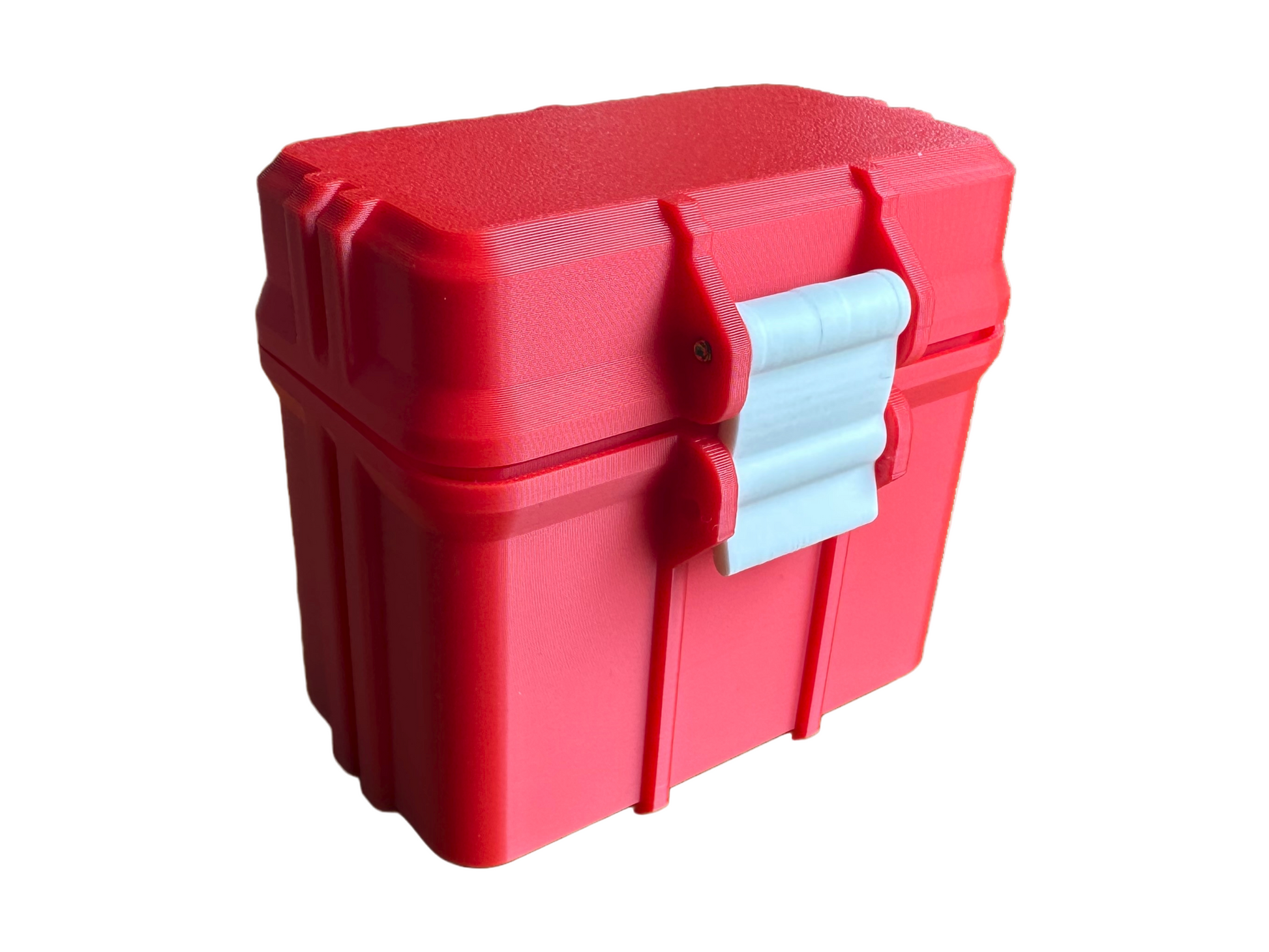 Front-facing view of the 3D printed BAC water case with the lid closed, showcasing the durable red PLA construction and secure white snap latch. This image highlights the product's compact size and portability for everyday users who store their supplies in bags, drawers, or kits.