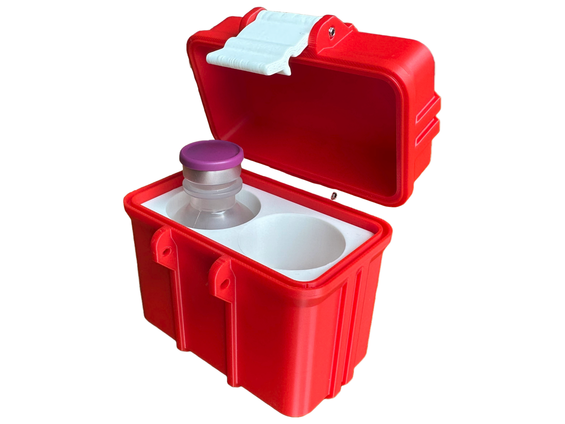 Top-side view of the 2-vial bacteriostatic water container with one vial inserted and one open slot clearly visible. Designed for 72mm x 34mm vials, this case features a precision-molded interior and a heavy-duty hinge lid with reinforced walls, offering practical, portable storage for medical or peptide use.