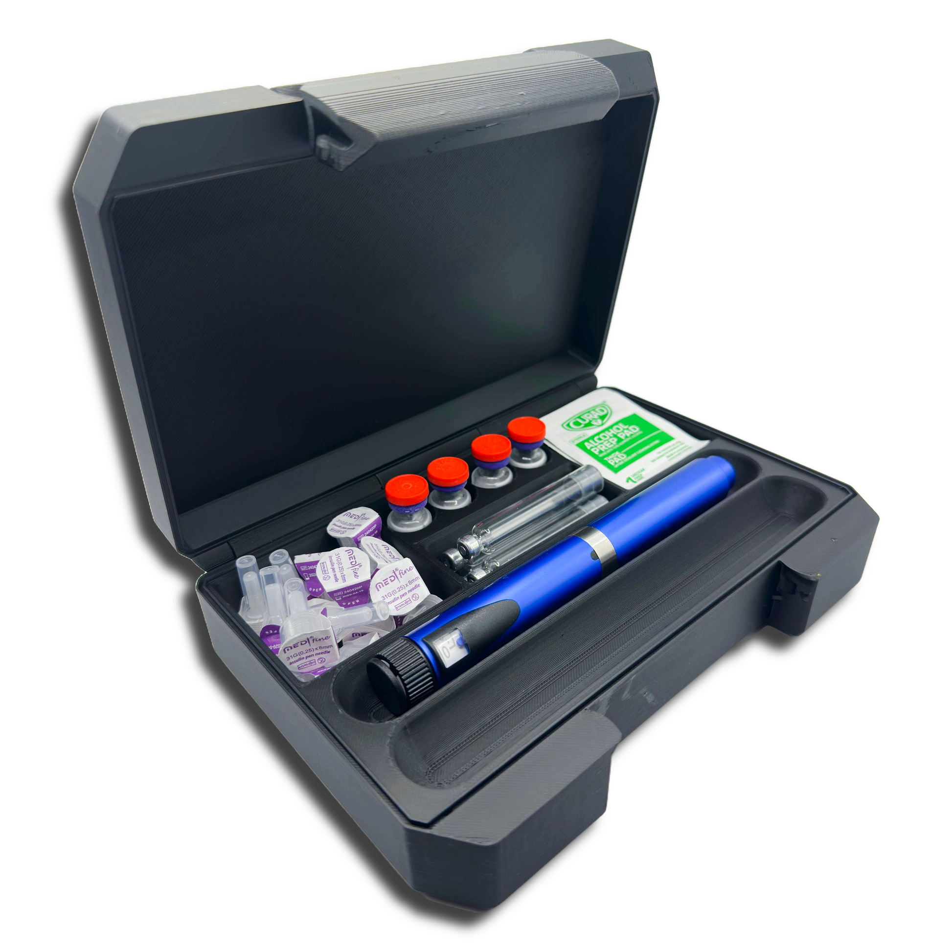 Open black storage case holding two injection pens, five 3ml vials, alcohol wipes, pen needle packs, and cartridges. Designed for GLP-1, insulin, or peptide pen organization.