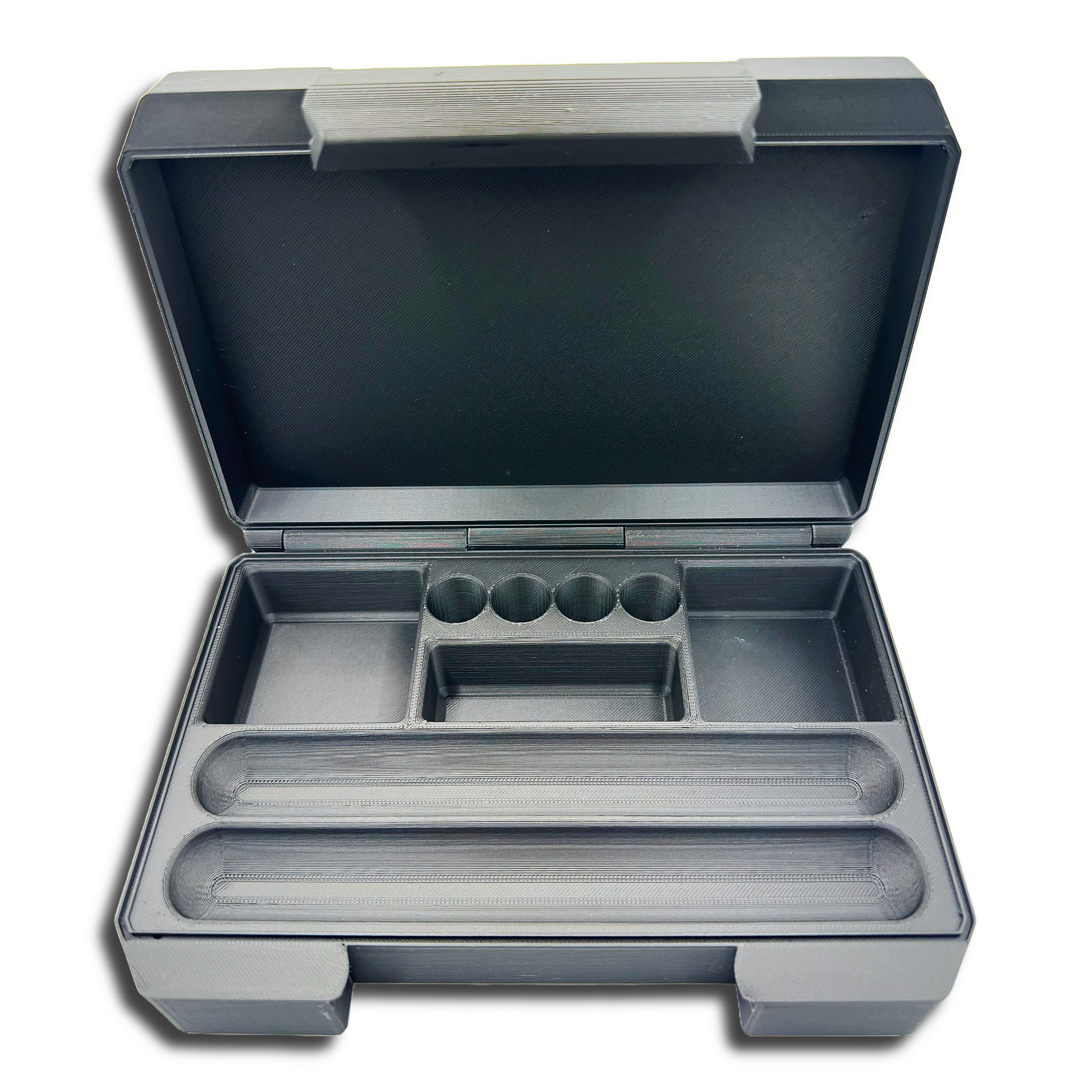 Empty black dual-pen storage case with custom compartments for two pens, five vials, pen cartridges, alcohol wipes, and needle packs. Designed for GLP-1, insulin, or peptide organization.