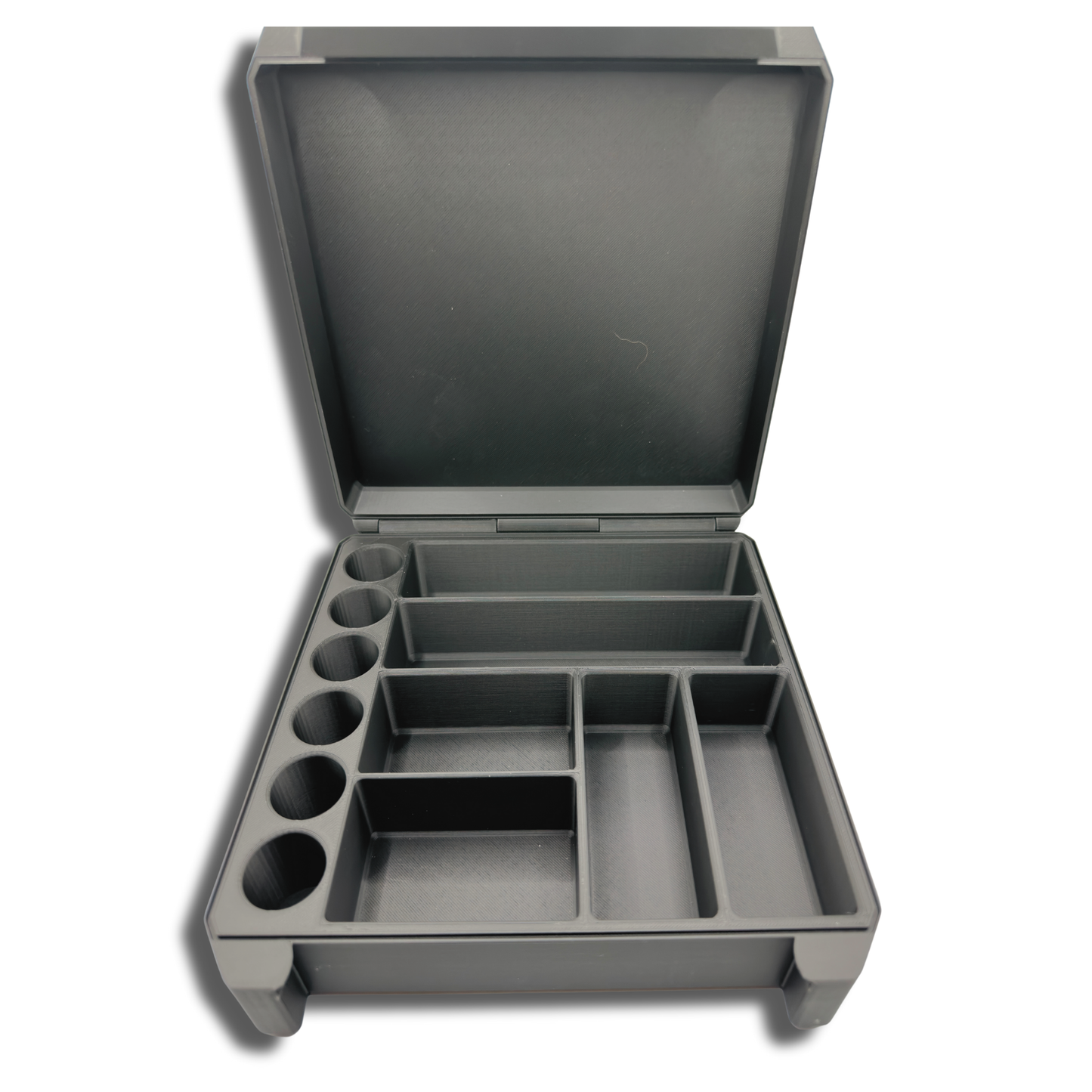 Empty Enhanced TRT supply case showing multiple precision compartments for vials, syringes, tablets, and other hormone therapy accessories