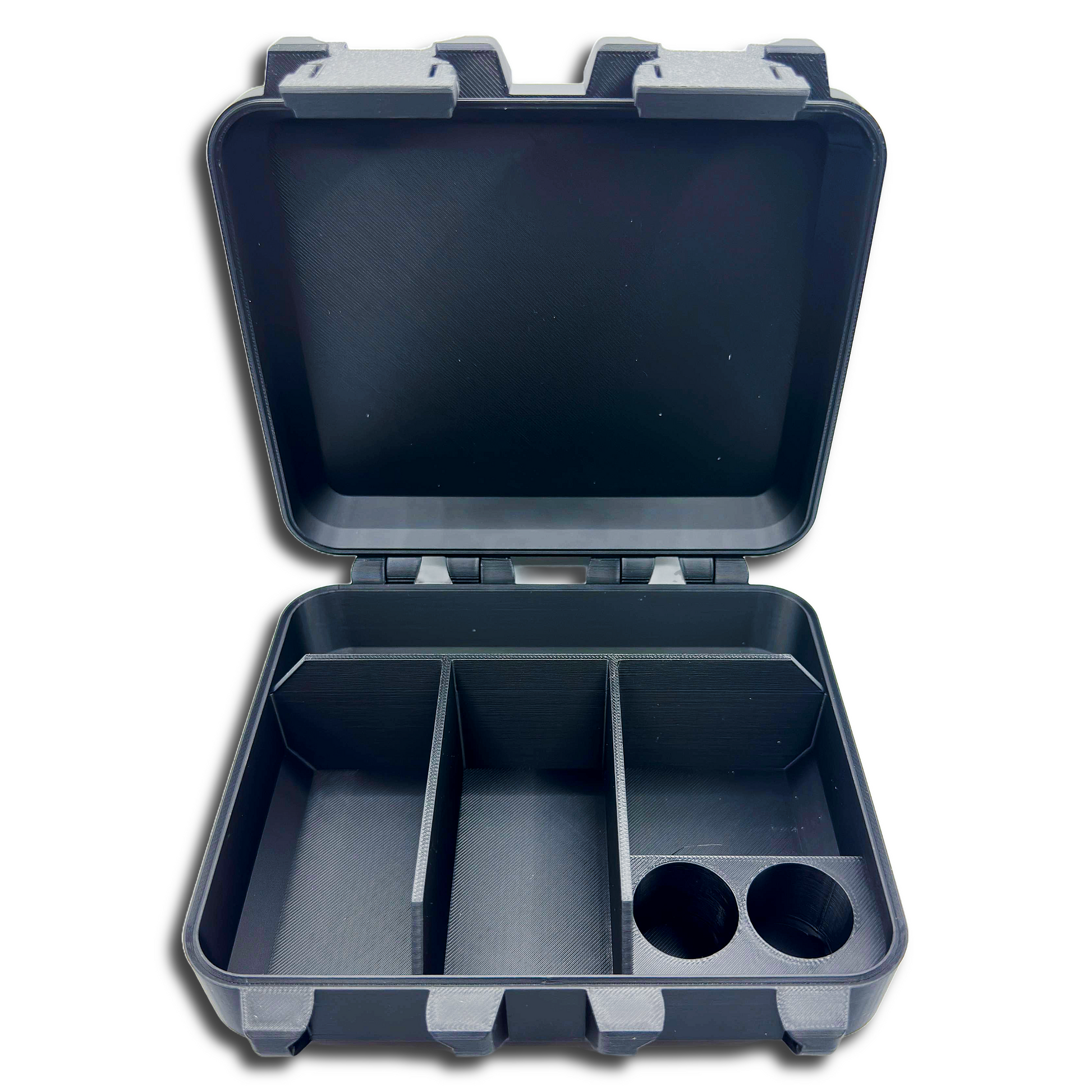 Empty HRT supply case with multiple compartments for hormone therapy vials, injection syringes, and prep accessories.