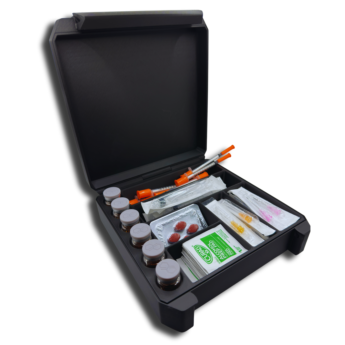 Enhanced TRT supply case and HRT organizer with secure compartments for testosterone vials, syringes, alcohol prep pads, and accessories – angled open view.