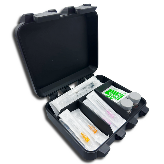 HRT supply case with organized compartments for hormone therapy vials, syringes, alcohol pads, and accessories – angled open view