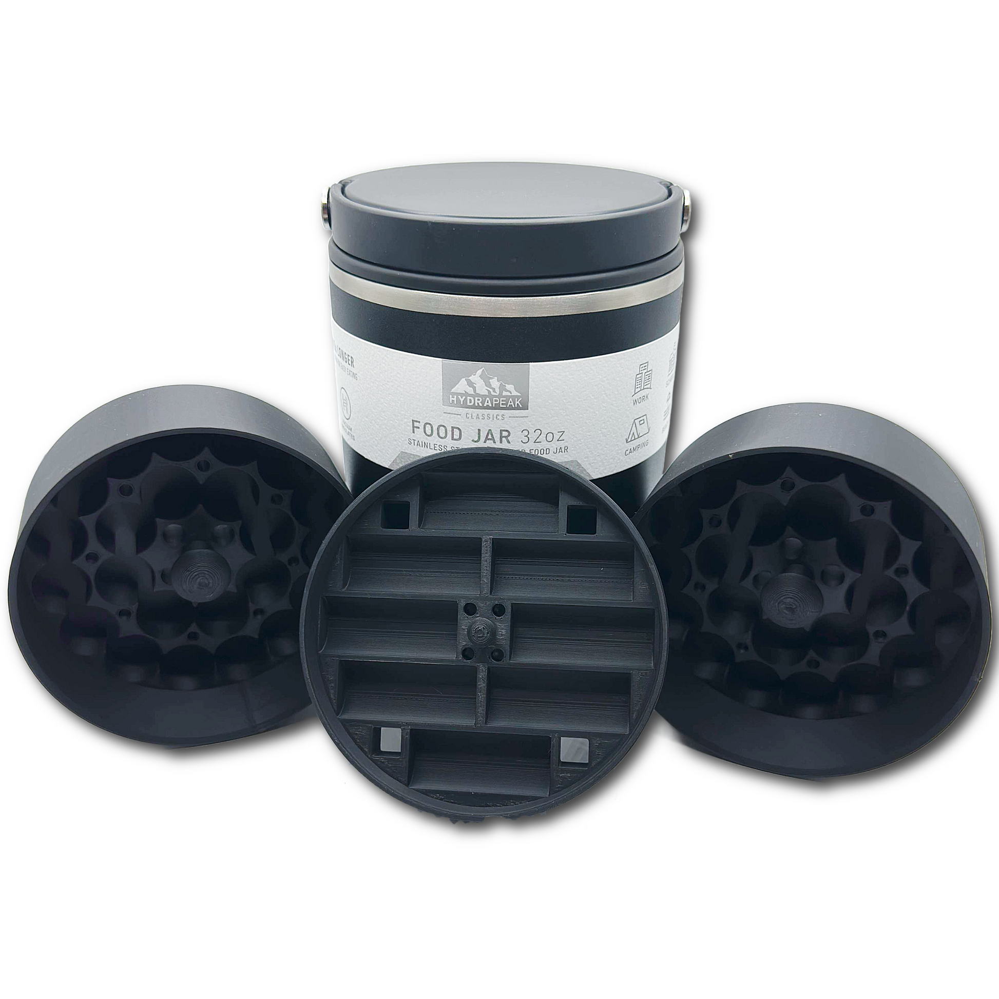 Hydrapeak 32oz food jar with 54-vial storage inserts – top insert and two standard inserts for organized vial storage