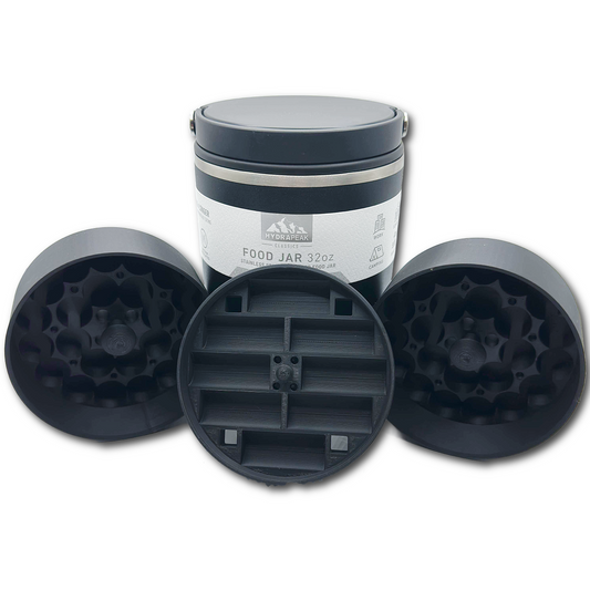 Hydrapeak 32oz food jar with 54-vial storage inserts – top insert and two standard inserts for organized vial storage