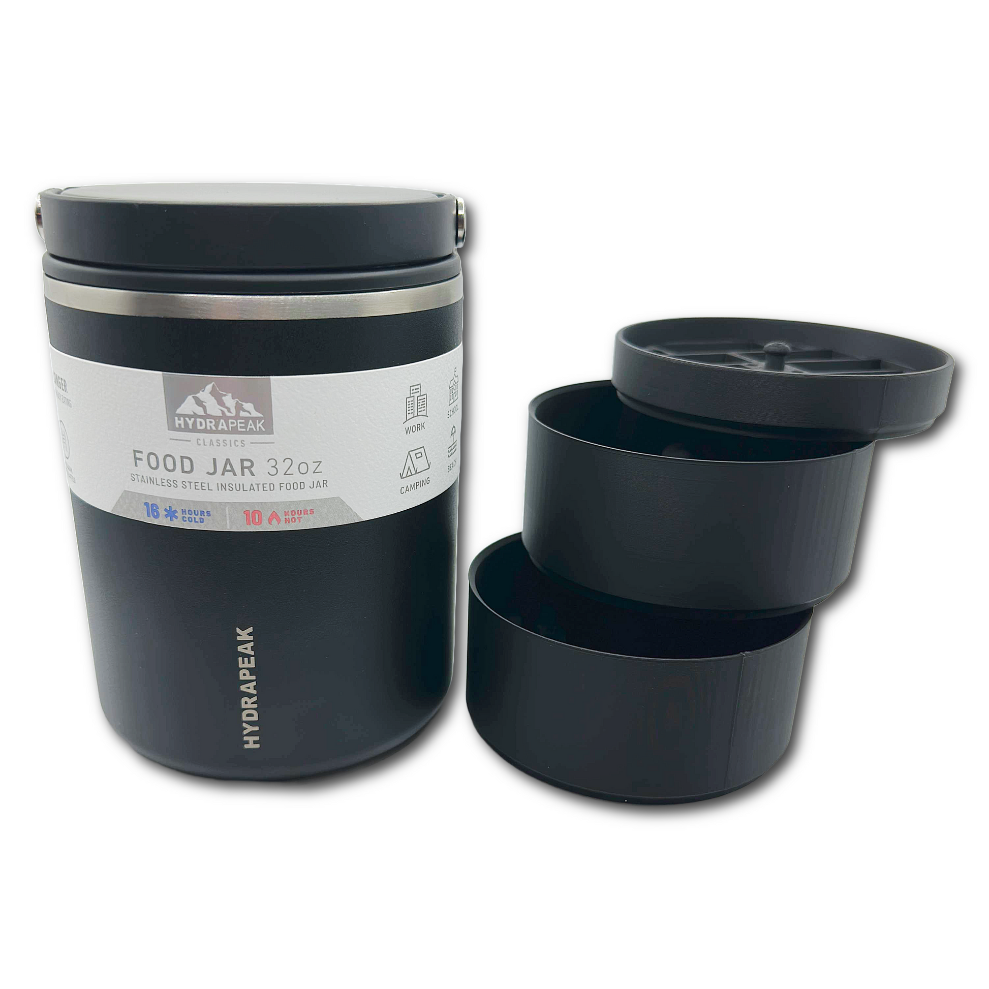 Hydrapeak 32oz food jar with three vial storage inserts – stackable design for organized and secure storage